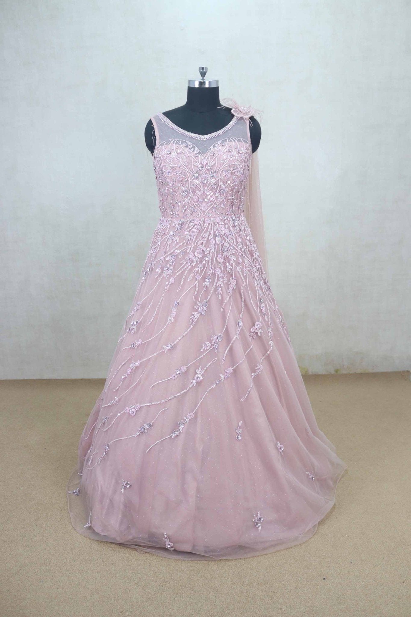 Glorious Pink Sleeveless Net Gown with Sequin Floral Embroidery - Mangaldeep NX