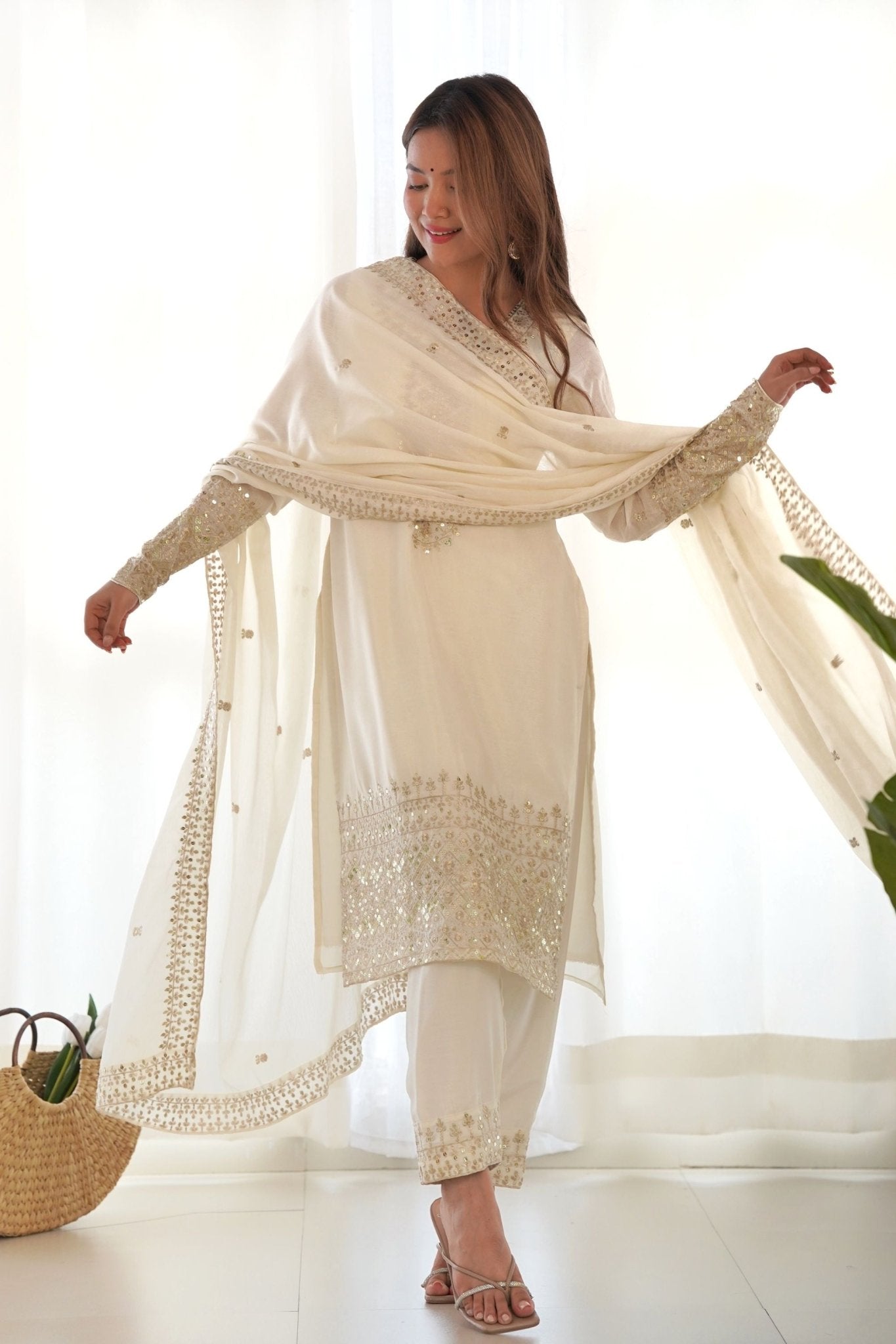 Glorious White Embroidered Kurta Set with Dupatta - Mangaldeep NX