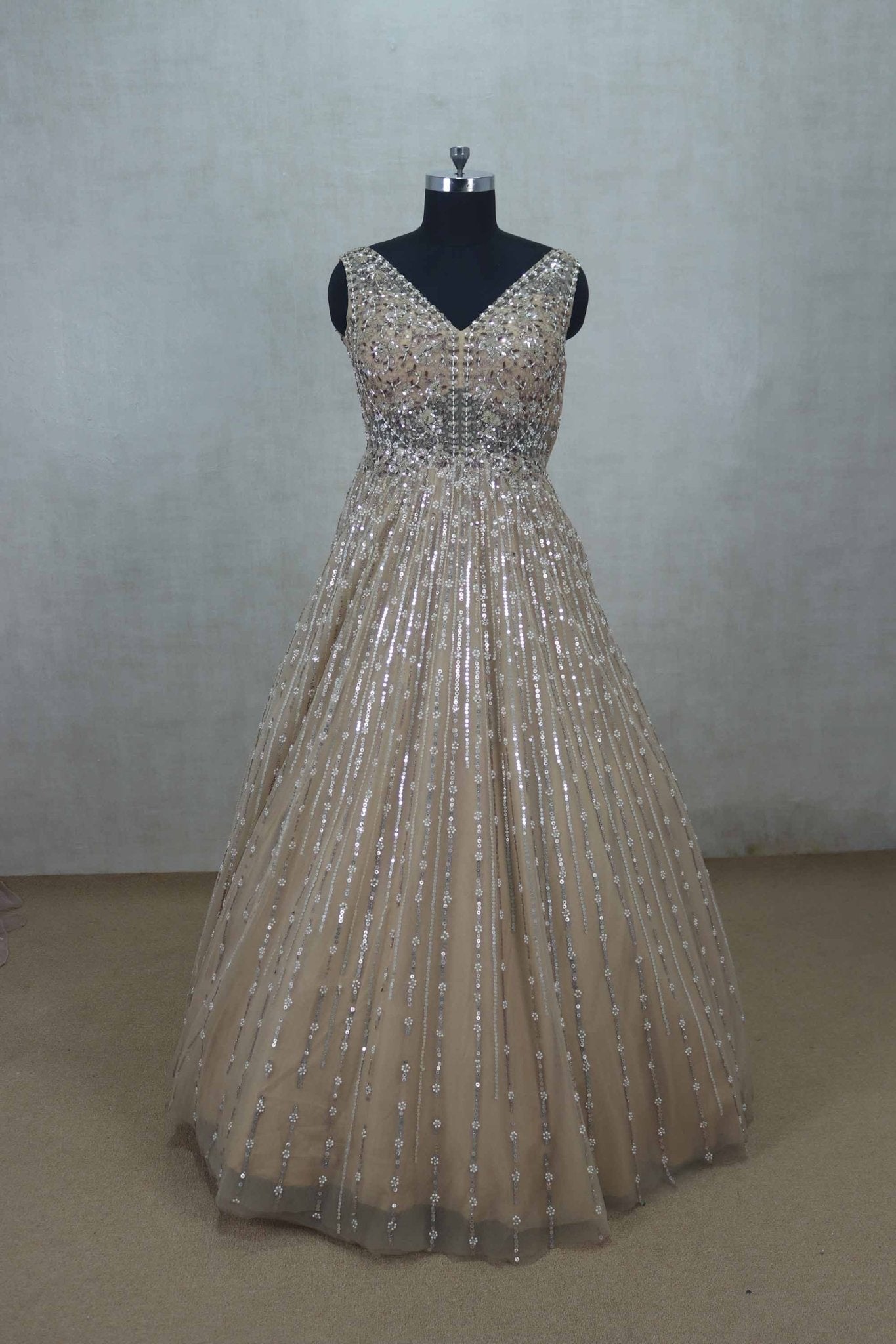 Gold Sleeveless Party Gown with Heavy Sequin Embellishment - Mangaldeep NX