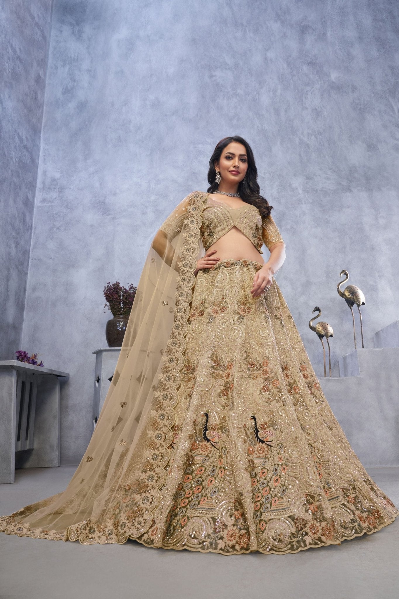 Golden Embroidered A - Line Lehenga Choli with Sequins and Multicolor Peacock Motifs - Mangaldeep NX