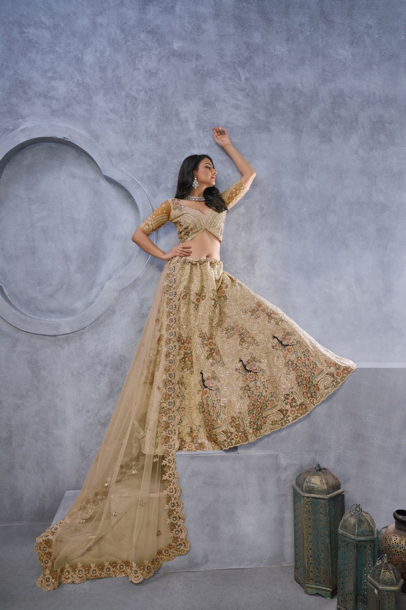 Golden Embroidered A - Line Lehenga Choli with Sequins and Multicolor Peacock Motifs - Mangaldeep NX