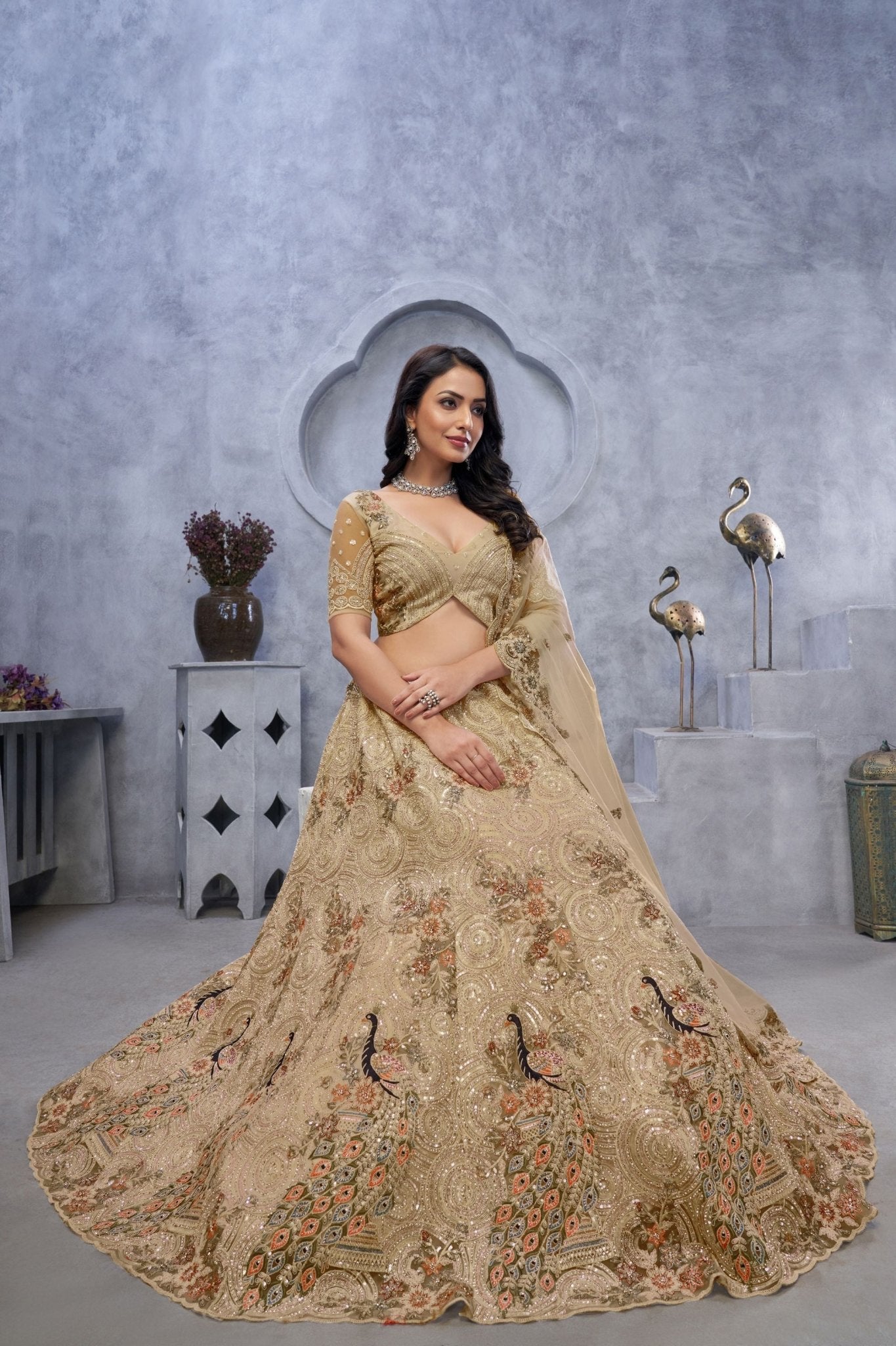 Golden Embroidered A - Line Lehenga Choli with Sequins and Multicolor Peacock Motifs - Mangaldeep NX