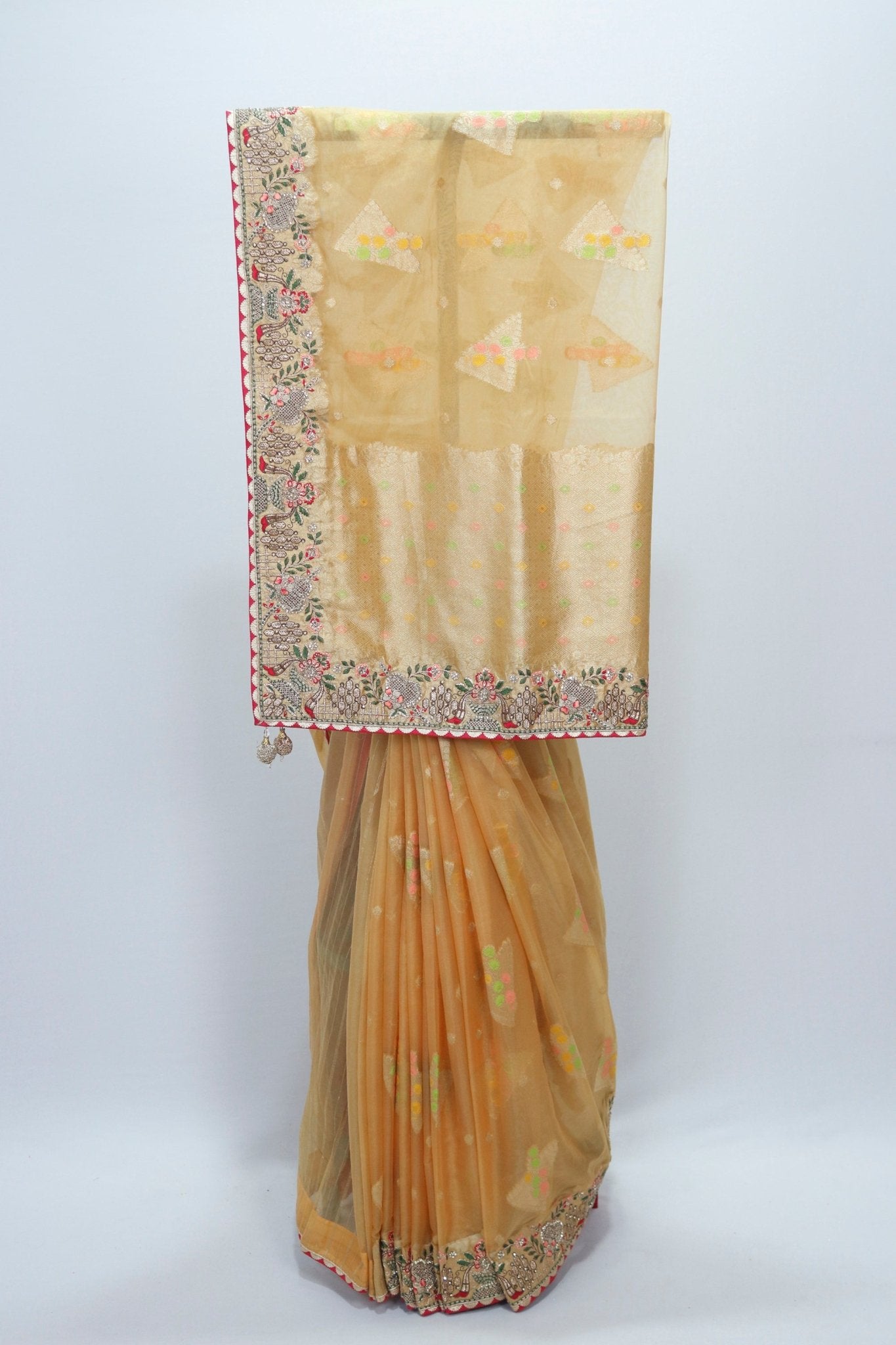Golden Net Saree with Multicolor Embroidery and Designer Border - Mangaldeep NX