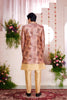 Golden Silk Kurta Set with Brown Brocade Patterned Indo - Western Jacket for Men - Mangaldeep NX