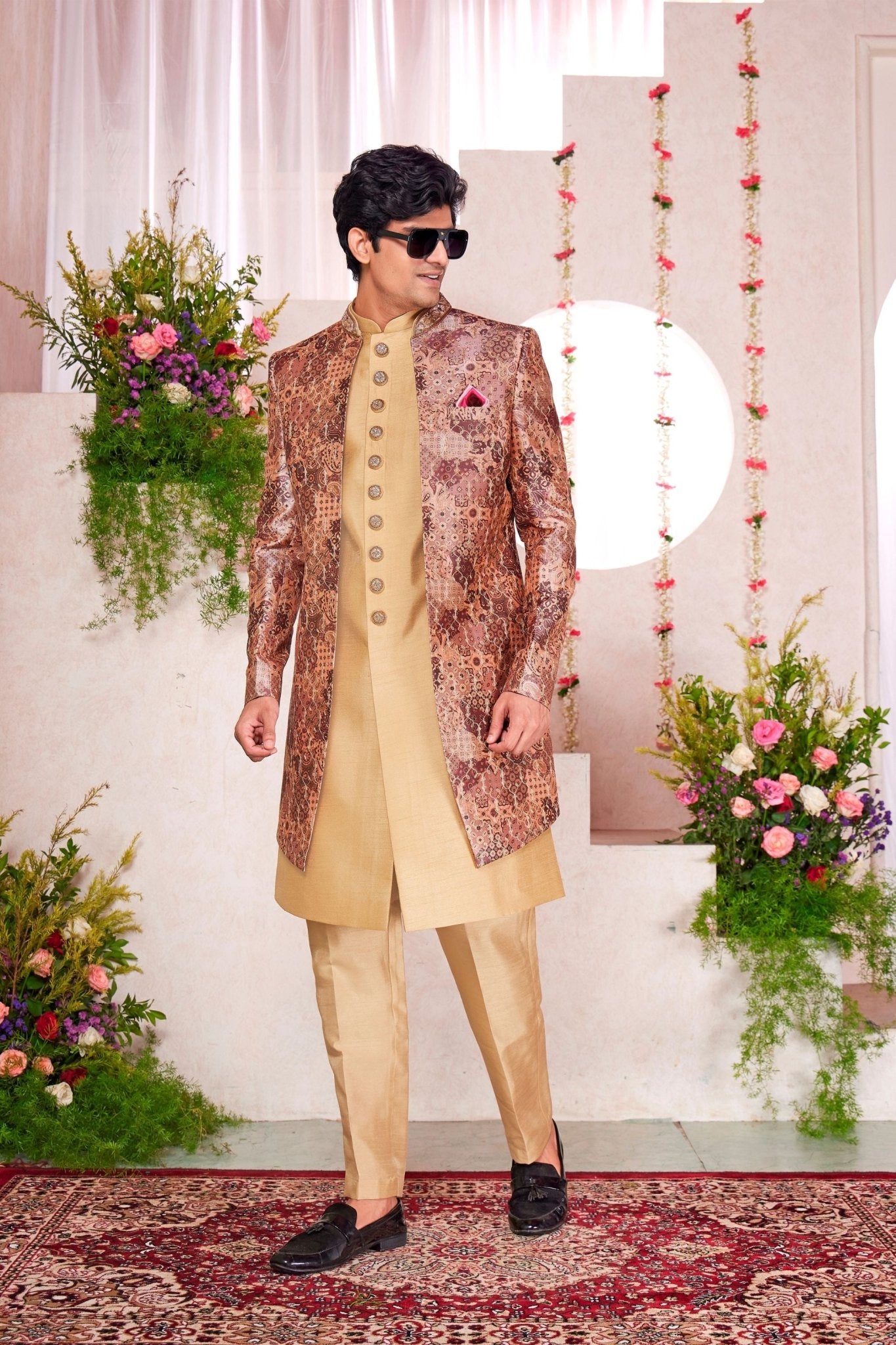Golden Silk Kurta Set with Brown Brocade Patterned Indo - Western Jacket for Men - Mangaldeep NX