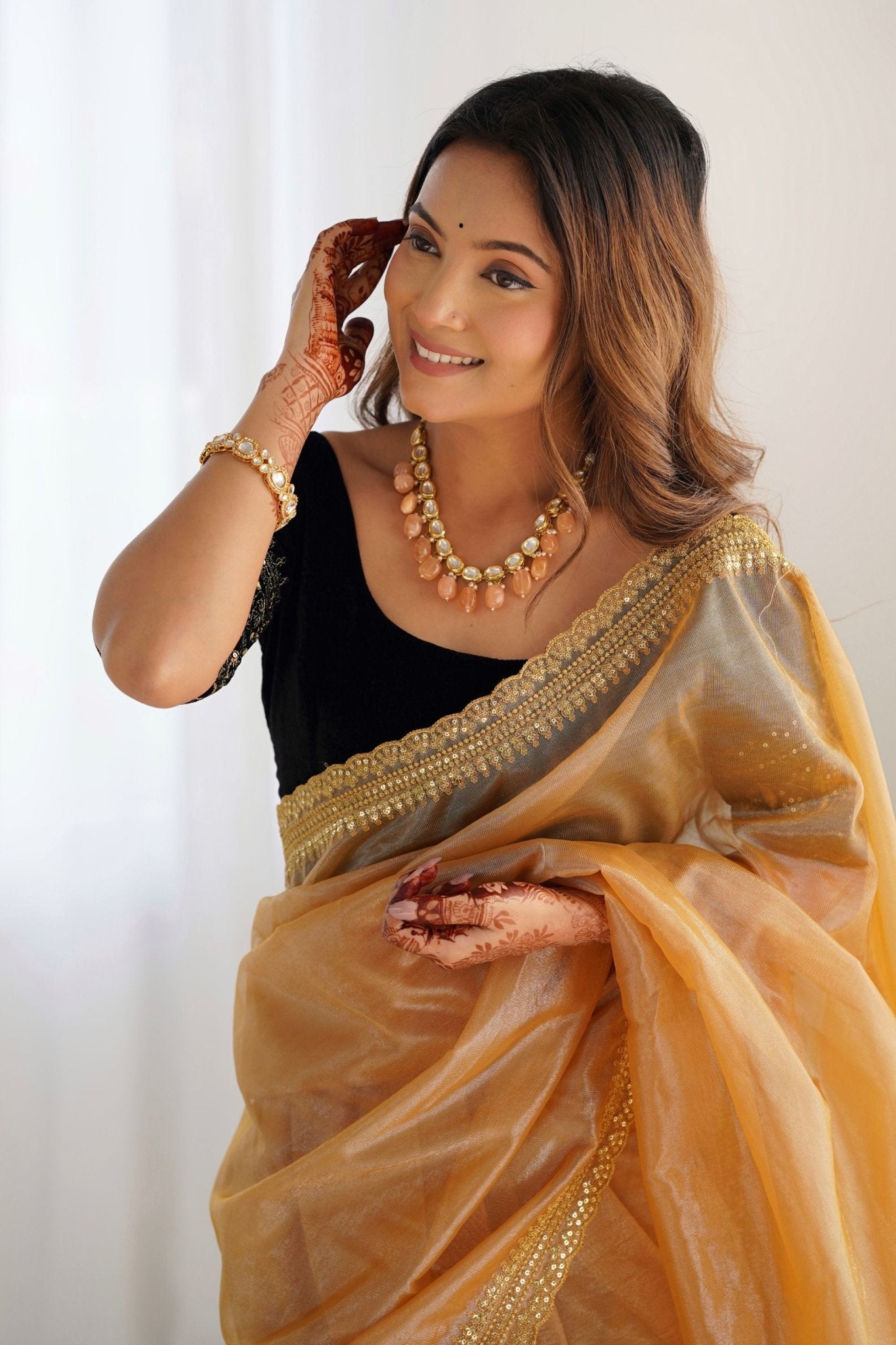 Golden Twill Net Saree with Sequin Border and Black Velvet Blouse - Mangaldeep NX
