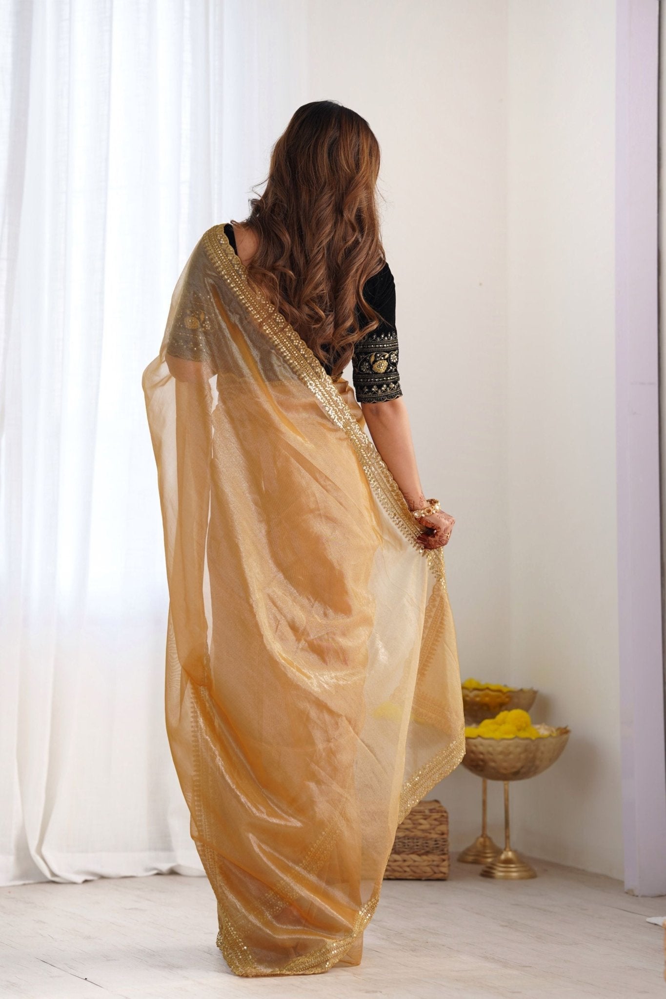 Golden Twill Net Saree with Sequin Border and Black Velvet Blouse - Mangaldeep NX
