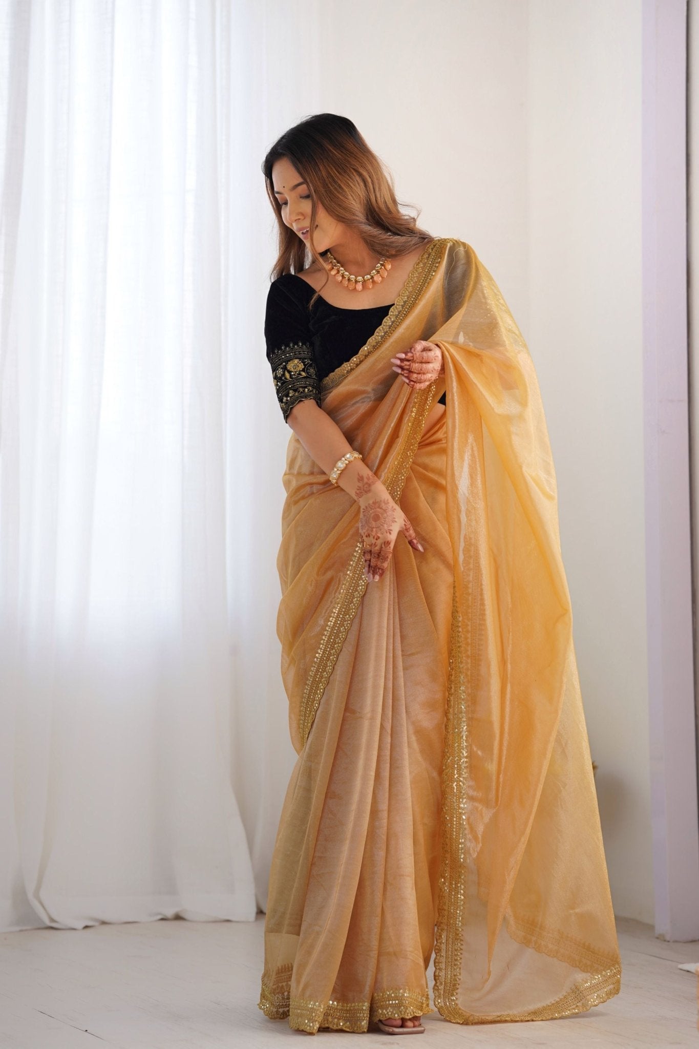 Golden Twill Net Saree with Sequin Border and Black Velvet Blouse - Mangaldeep NX