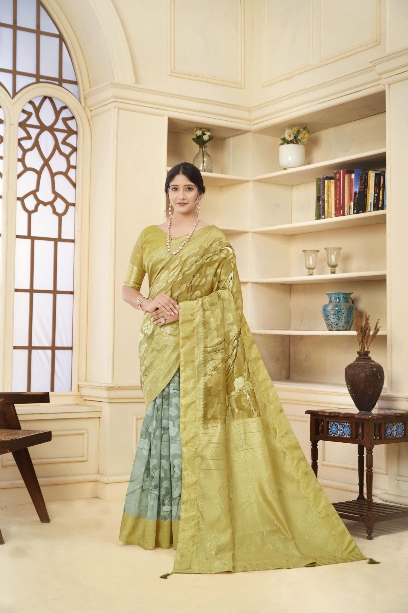 Graceful Light Olive Green and Sea Green Woven Linen Silk Saree - Mangaldeep NX