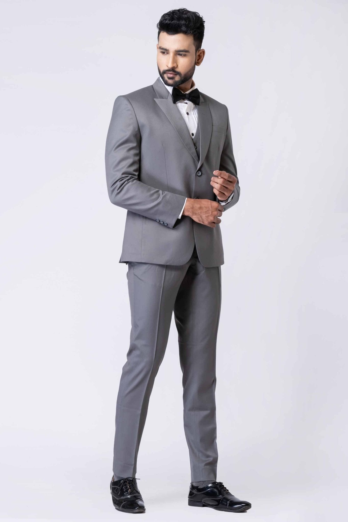Graceful Men's Grey 3 - Piece Party Wear Tuxedo Suit with Bow Tie - Mangaldeep NX