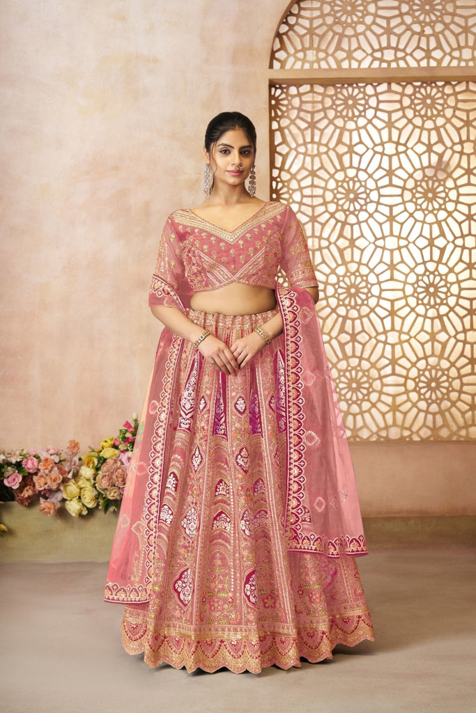 Graceful Pink Embroidered Net Lehenga Choli with Zari, Sequins & Contrasting Dupatta Border - Mangaldeep NX