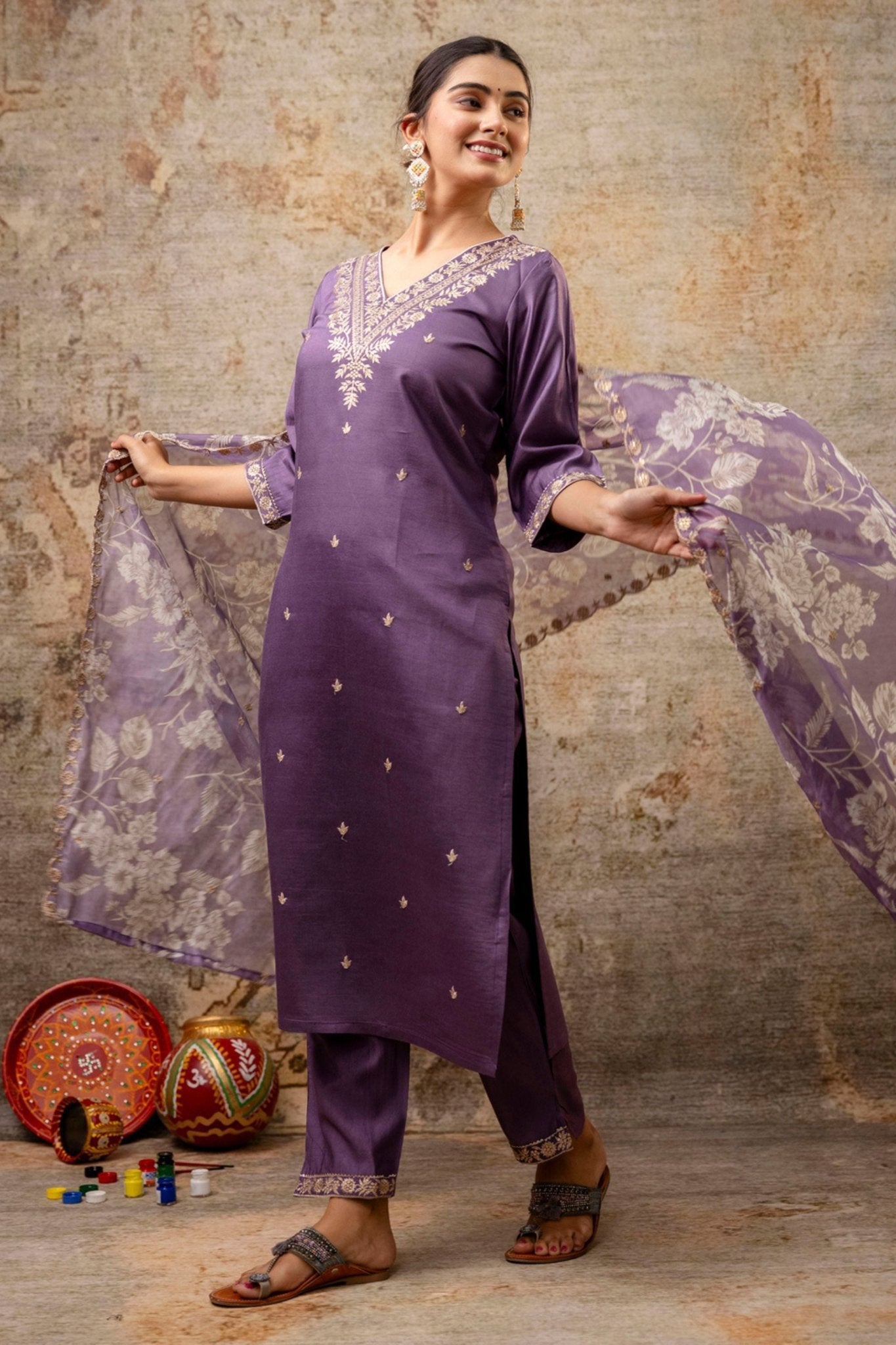 Graceful Purple Embroidered Salwar Suit with Floral Organza Dupatta - Mangaldeep NX