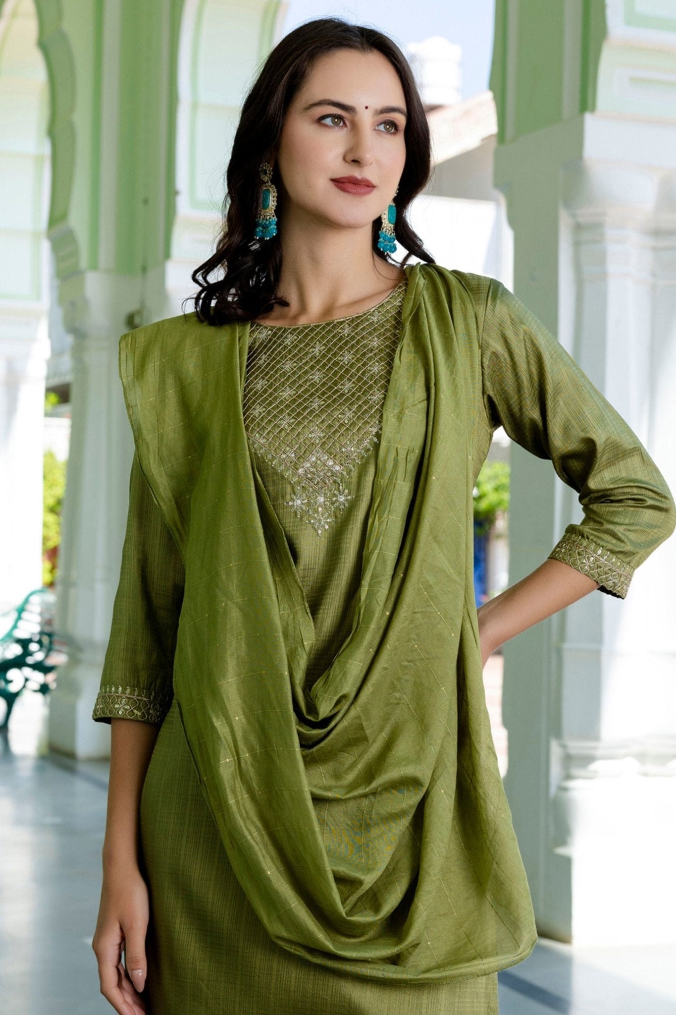 Great Olive Green Straight Suit Set for Women - Mangaldeep NX