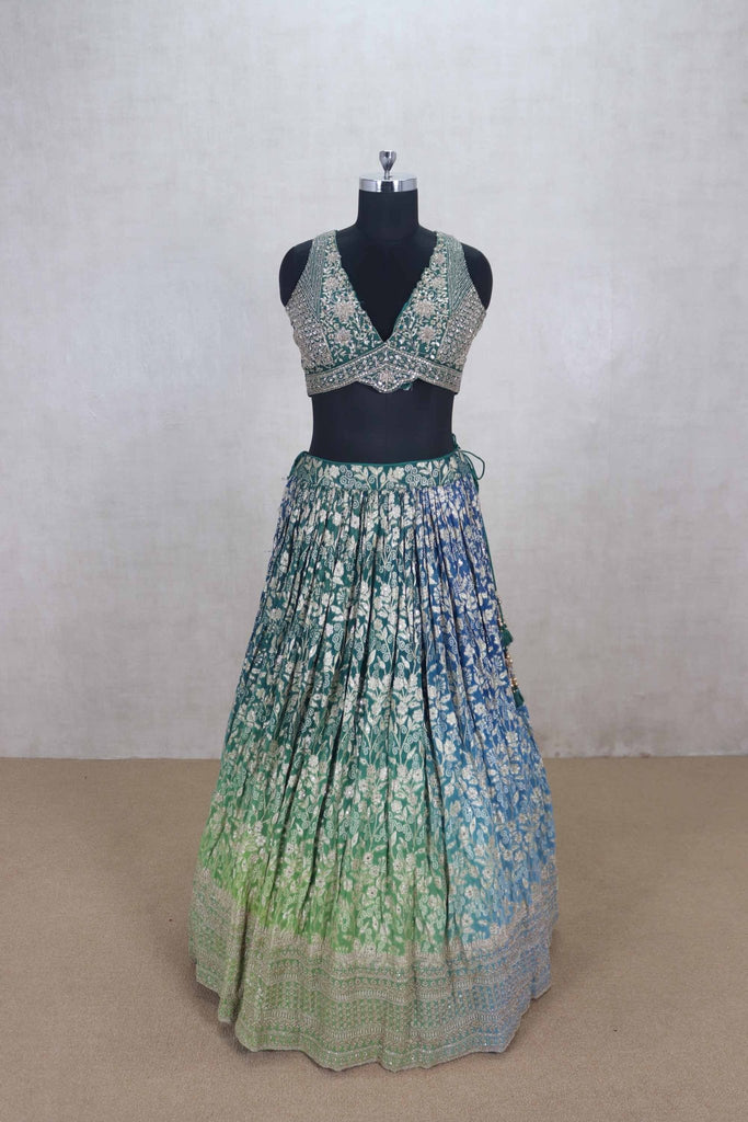 Green and Blue Silk Lehenga Choli with Mirror and Thread Embroidery - Mangaldeep NX