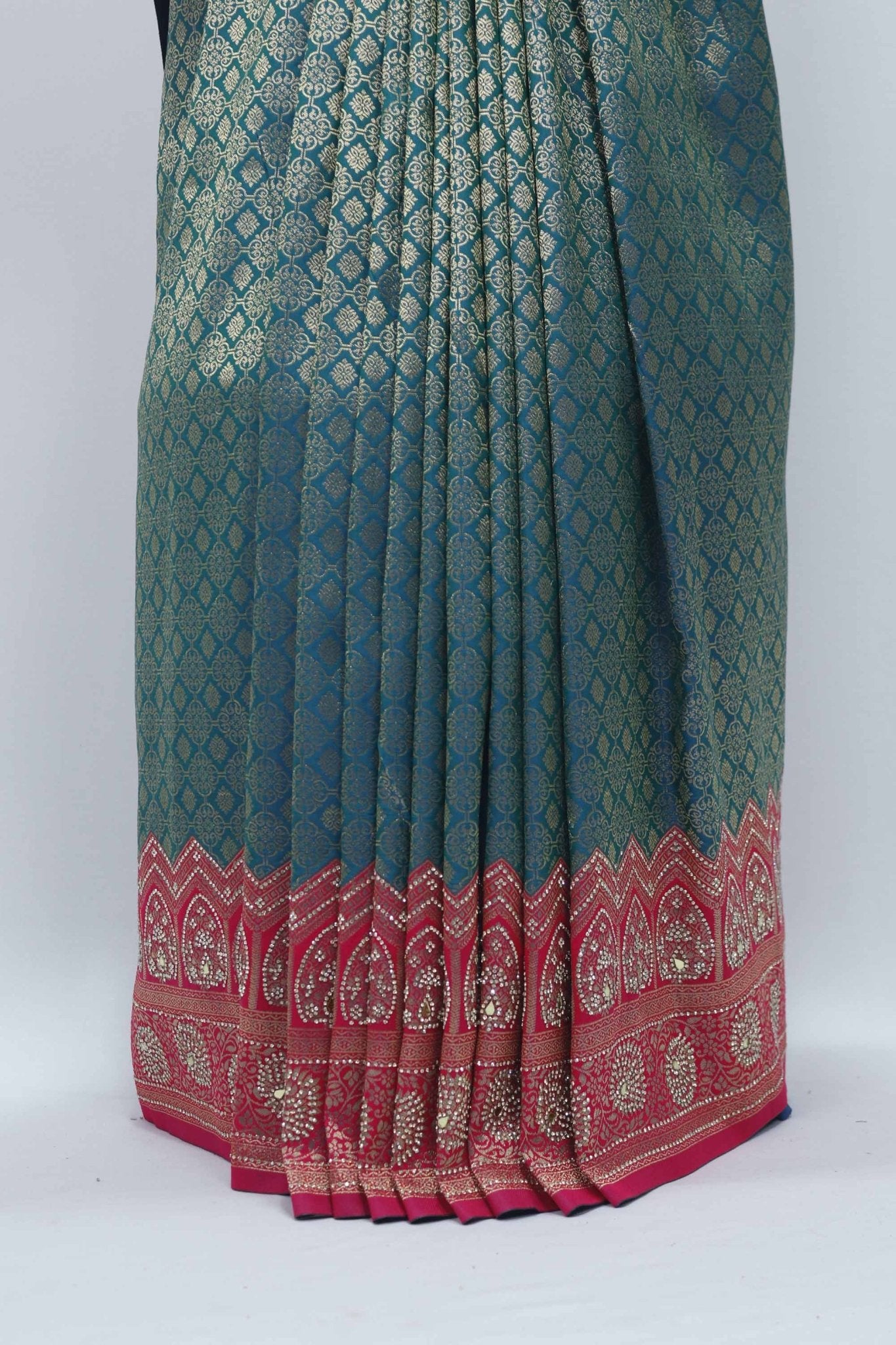 Green and Pink Banarasi Silk Saree with Zari Weaving - Mangaldeep NX