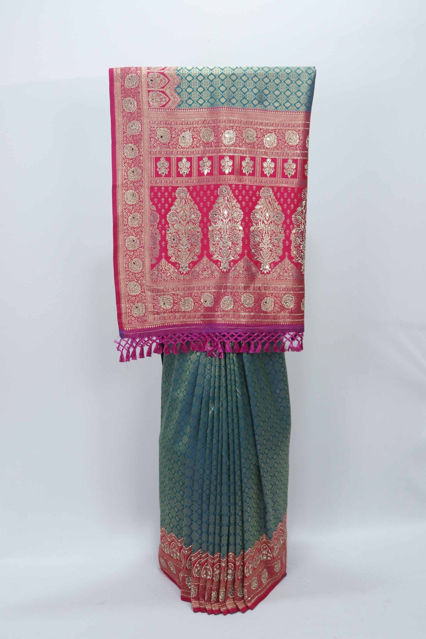 Green and Pink Banarasi Silk Saree with Zari Weaving - Mangaldeep NX
