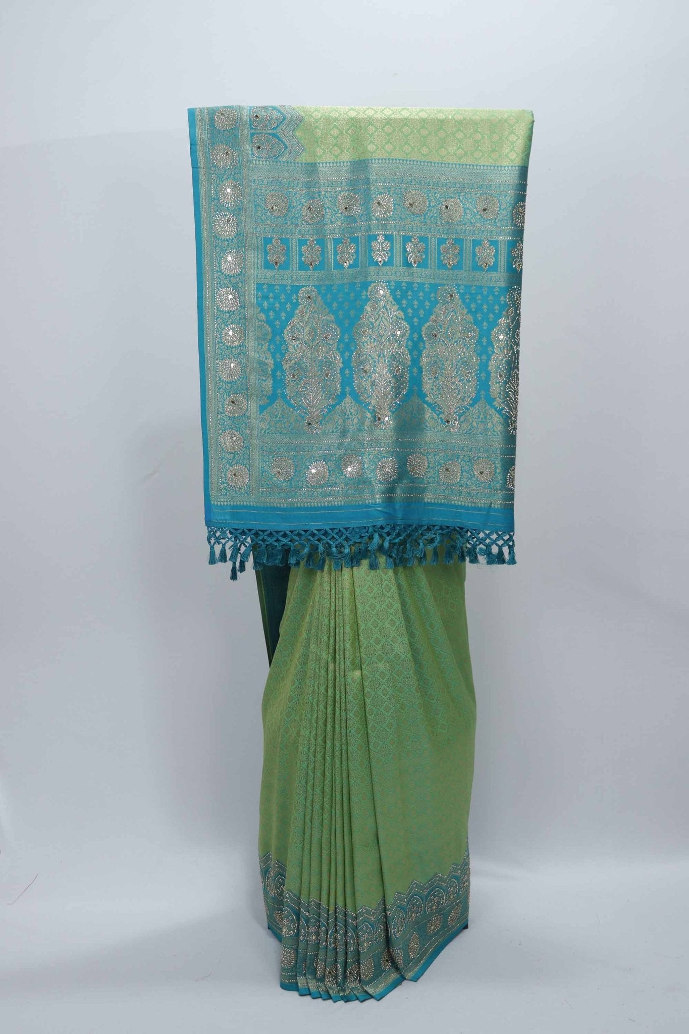 Green and Teal Banarasi Silk Saree with Zari Pallu - Mangaldeep NX