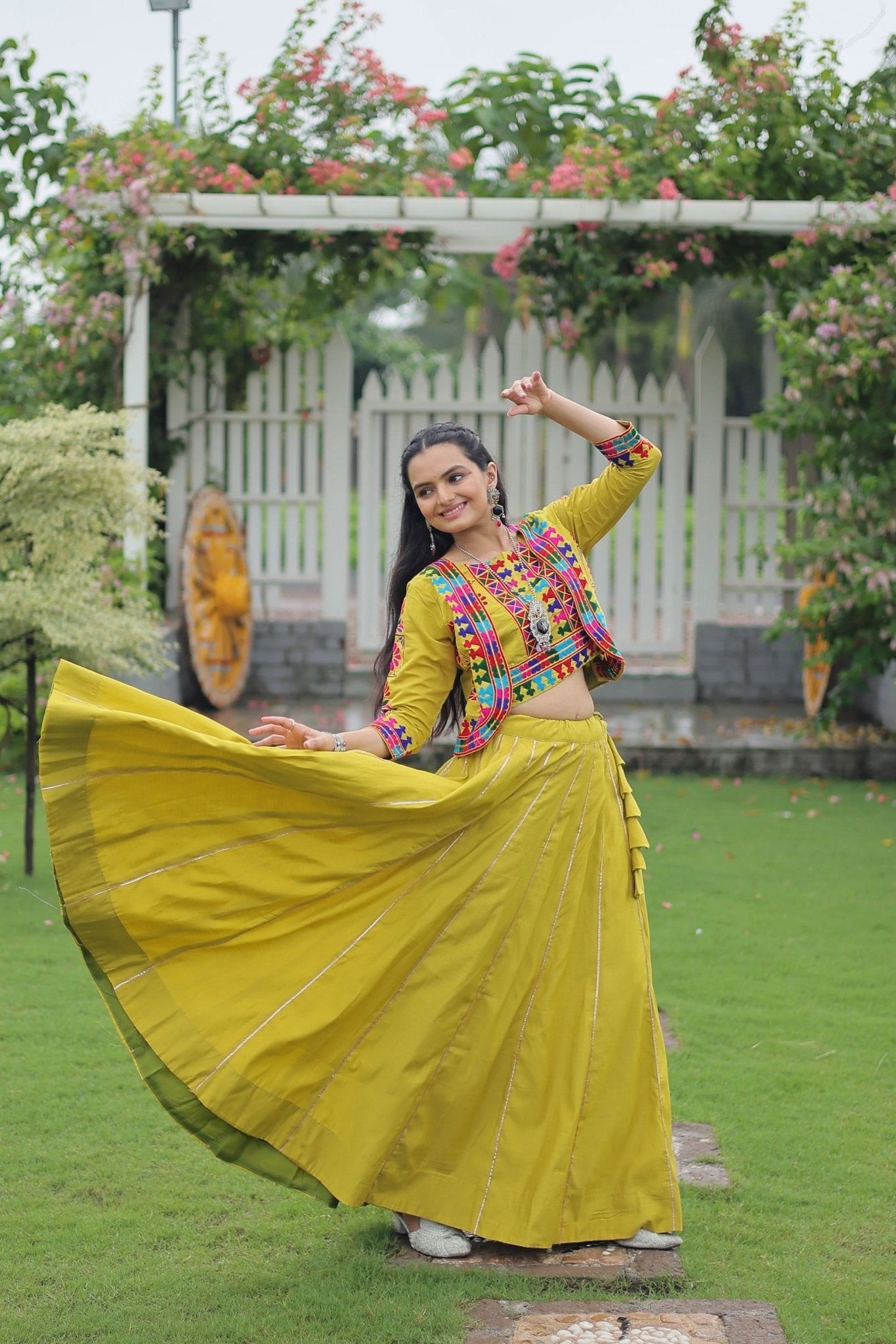 Green Embroidered Mirror Work Crop Top Lehenga Set with Gota Detailing - Mangaldeep NX