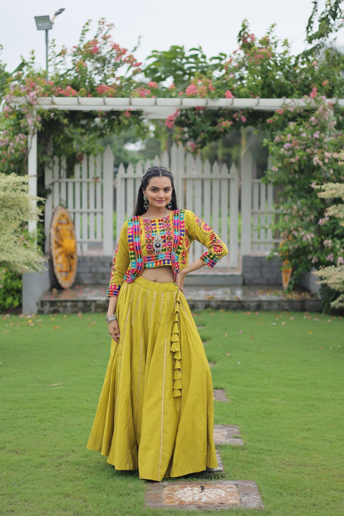 Green Embroidered Mirror Work Crop Top Lehenga Set with Gota Detailing - Mangaldeep NX