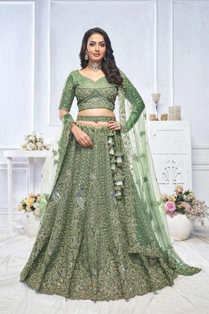 Green Embroidered Net Lehenga Choli with Peacock Motifs and Sequins Dupatta - Mangaldeep NX