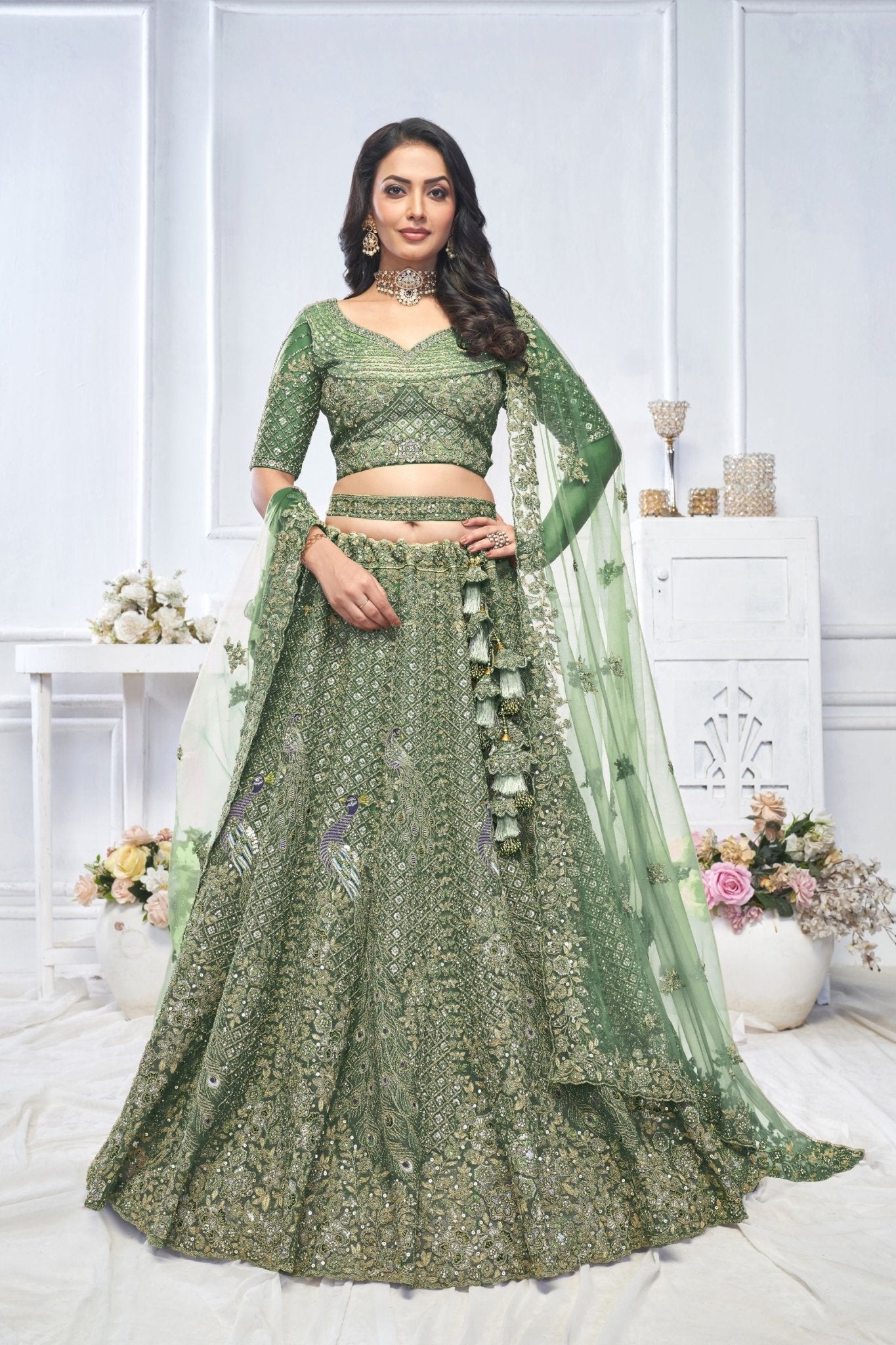 Green Embroidered Net Lehenga Choli with Peacock Motifs and Sequins Dupatta - Mangaldeep NX