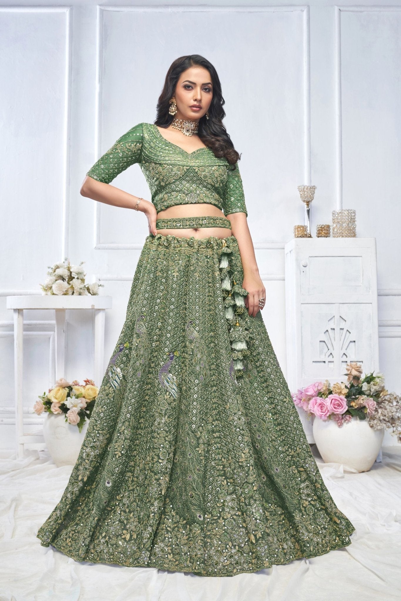Green Embroidered Net Lehenga Choli with Peacock Motifs and Sequins Dupatta - Mangaldeep NX