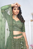 Green Embroidered Net Lehenga Choli with Peacock Motifs and Sequins Dupatta - Mangaldeep NX