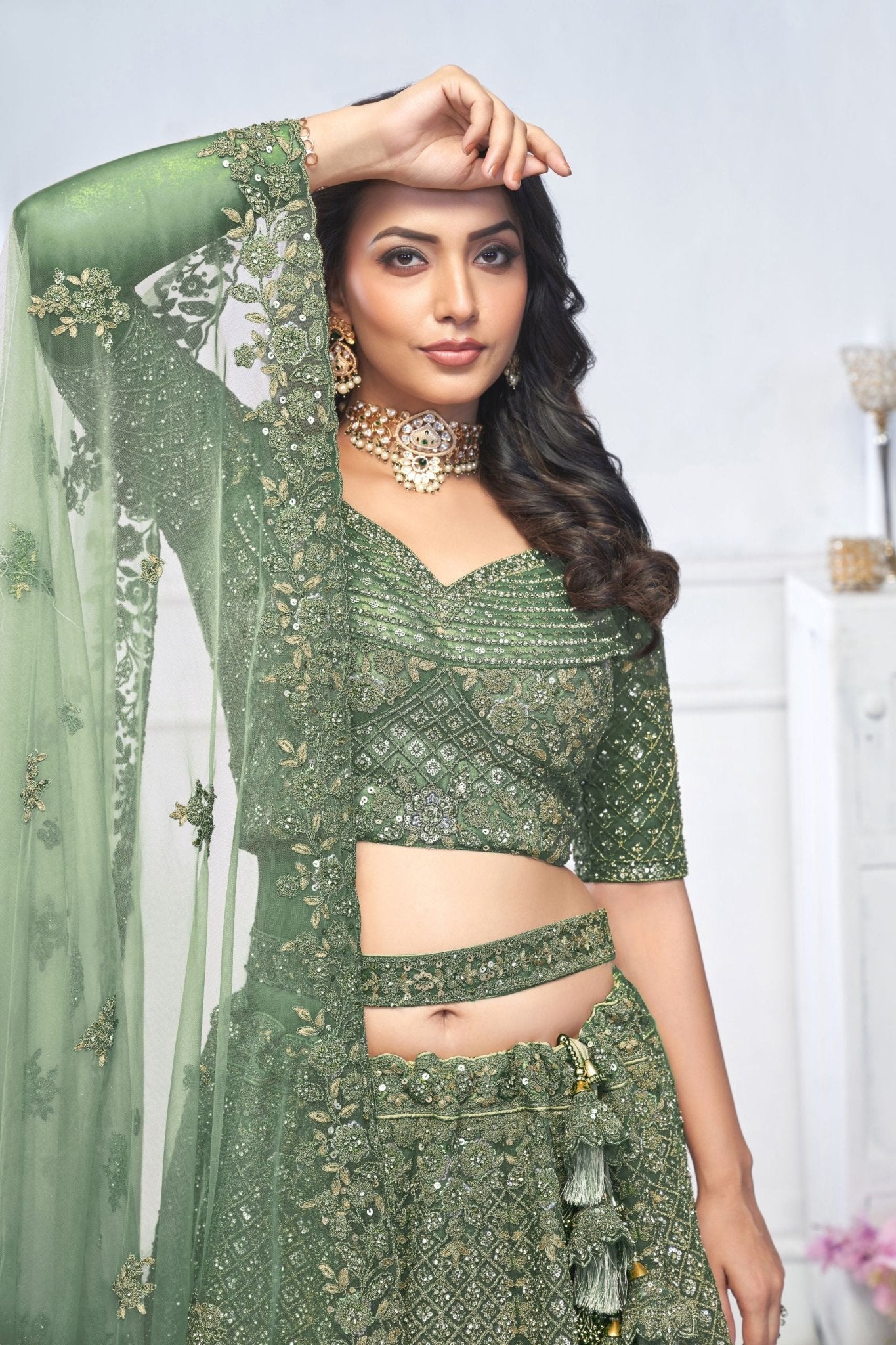 Green Embroidered Net Lehenga Choli with Peacock Motifs and Sequins Dupatta - Mangaldeep NX