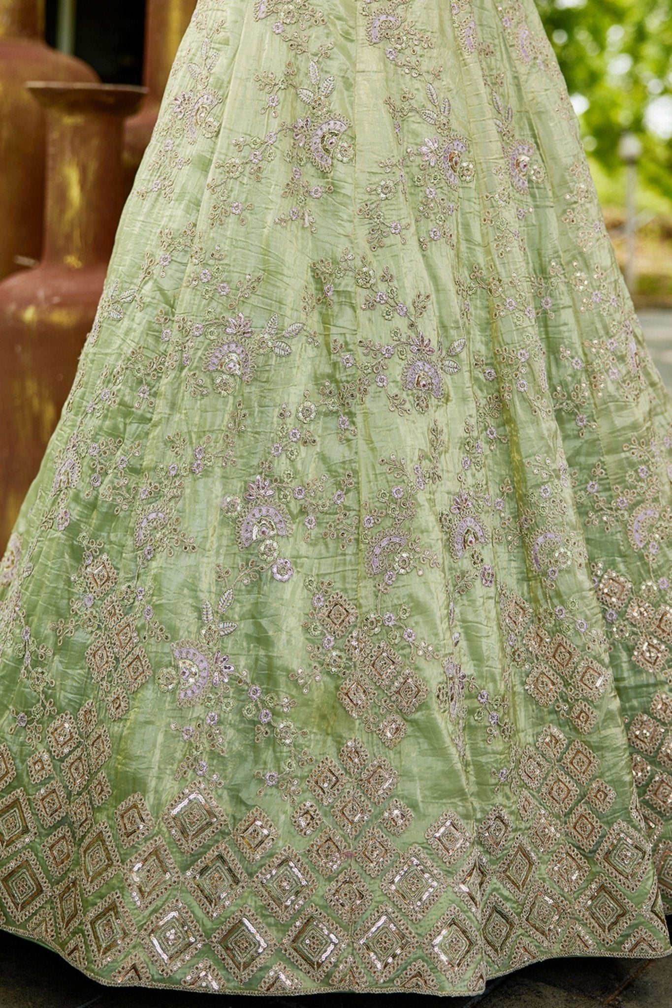 Green Embroidered Silk Lehenga Choli with Sequin and Mirror Work Dupatta - Mangaldeep NX