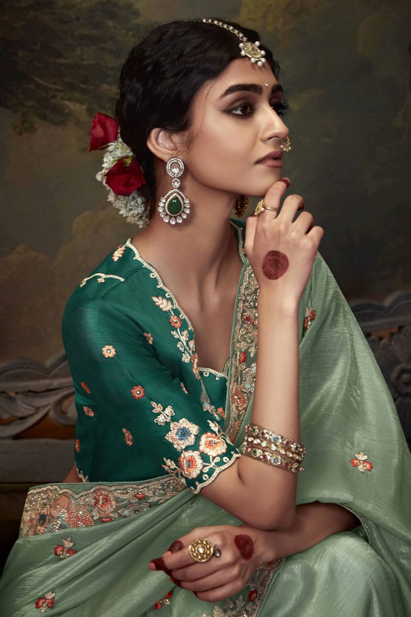 Green Embroidered Silk Saree with Floral Sequin Border and Bottle Green Blouse - Mangaldeep NX