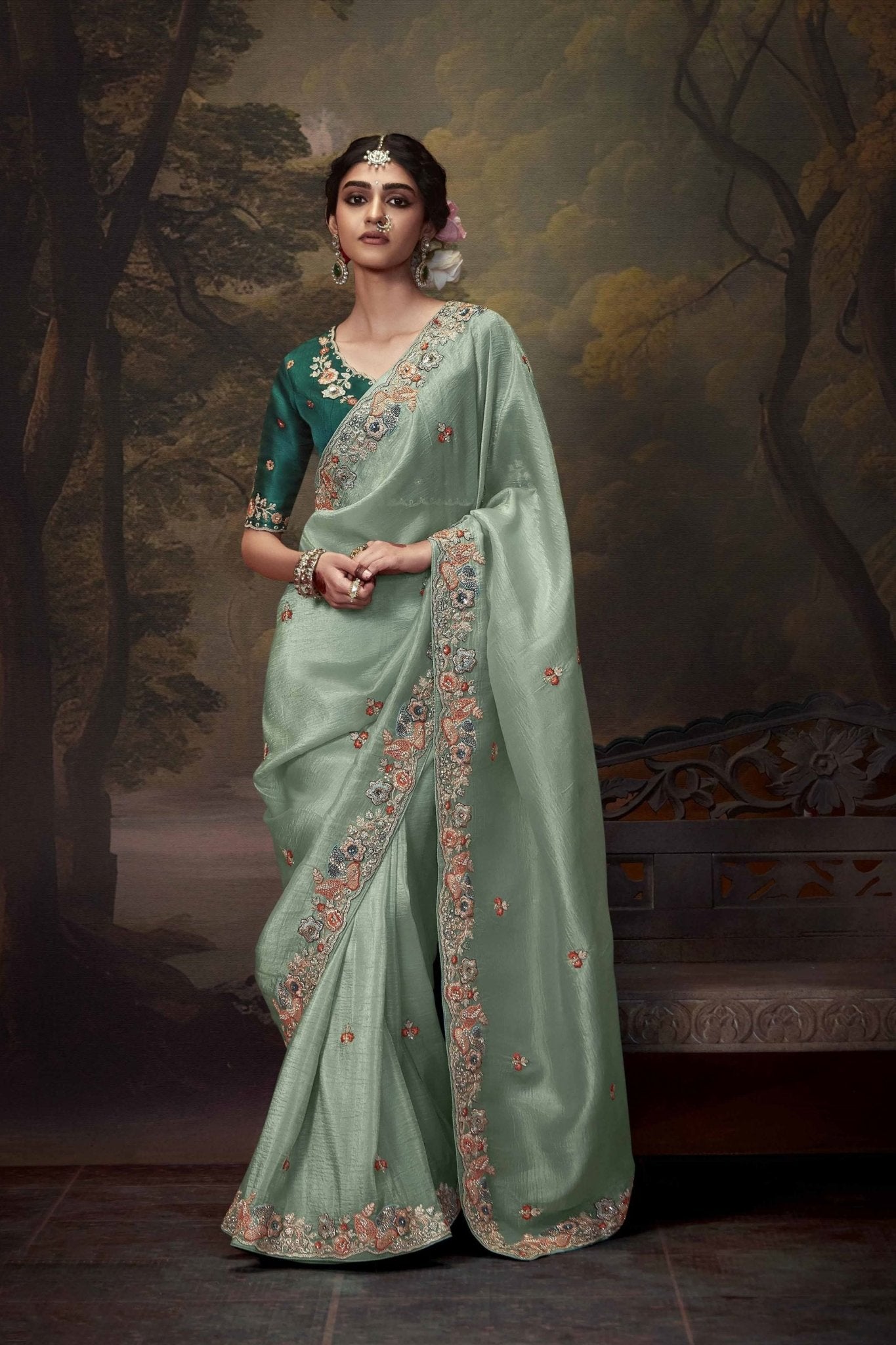 Green Embroidered Silk Saree with Floral Sequin Border and Bottle Green Blouse - Mangaldeep NX