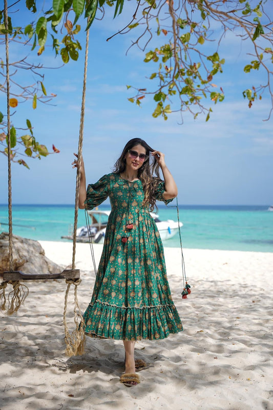 Green Ethnic Printed Cotton Anarkali Dress with Puff Sleeves and Tassel Tie - Up - Mangaldeep NX