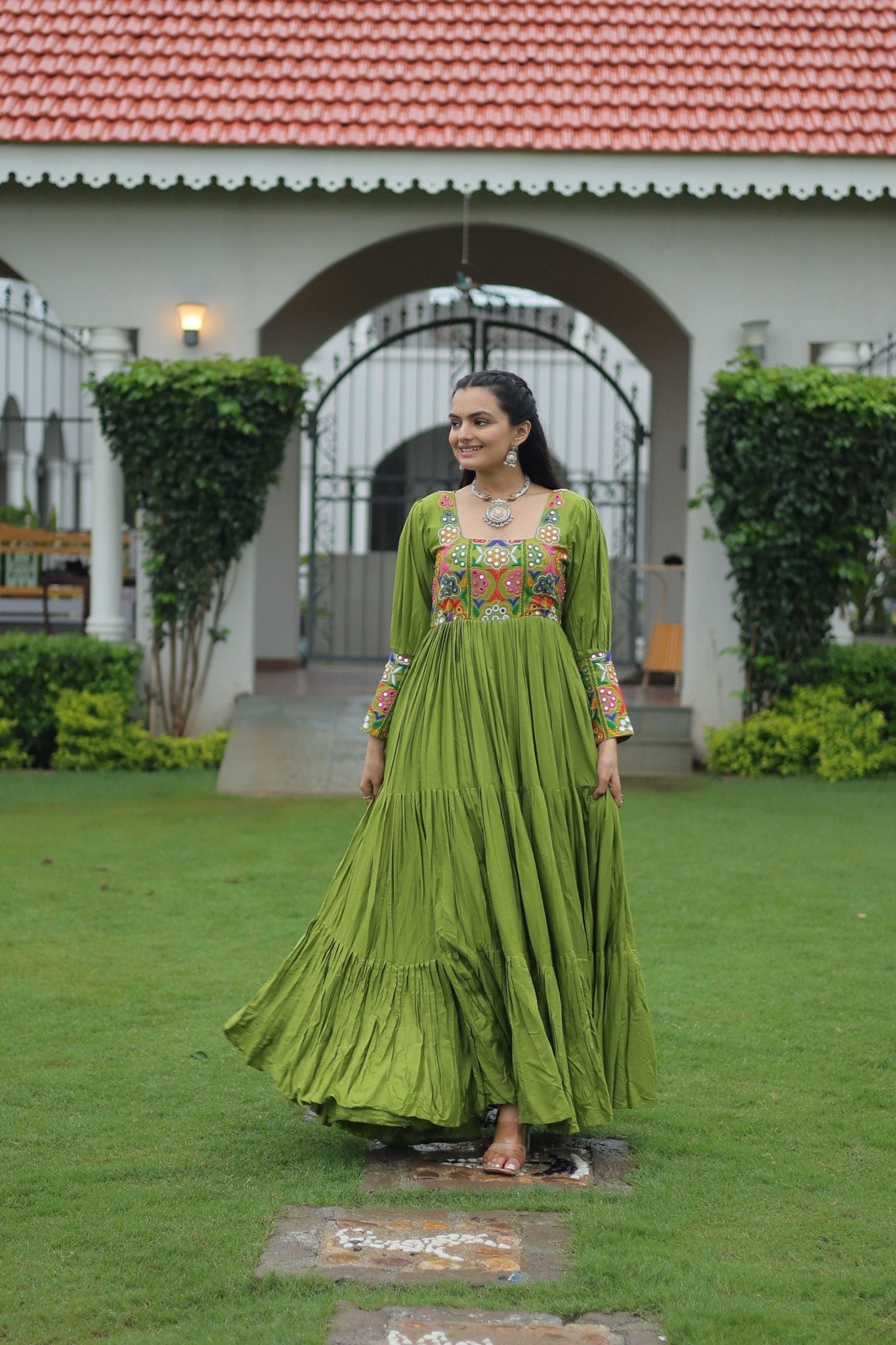 Green Flared Gota Embroidered Gown with Multicolor Mirror Yoke Design - Mangaldeep NX