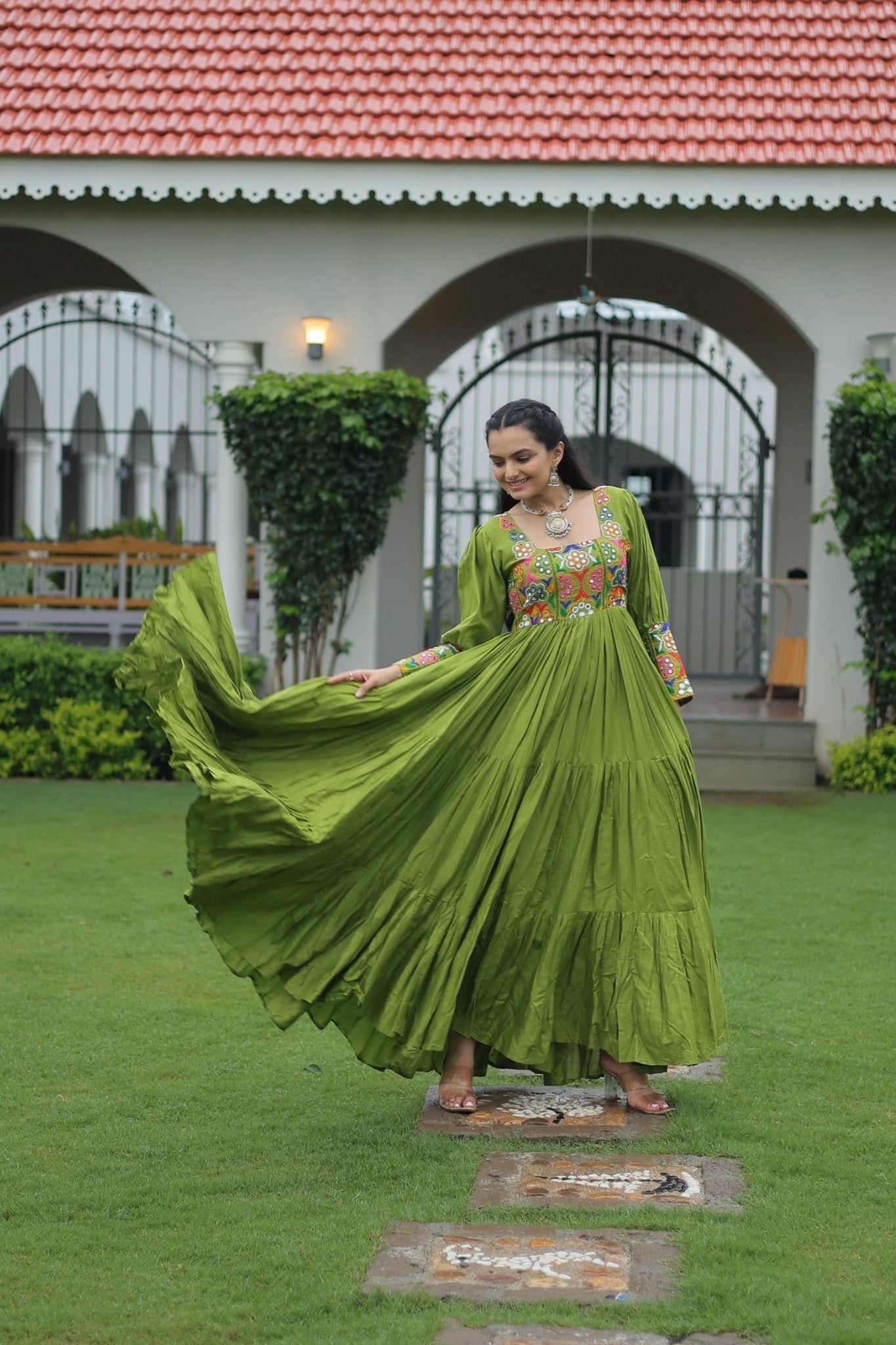 Green Flared Gota Embroidered Gown with Multicolor Mirror Yoke Design - Mangaldeep NX