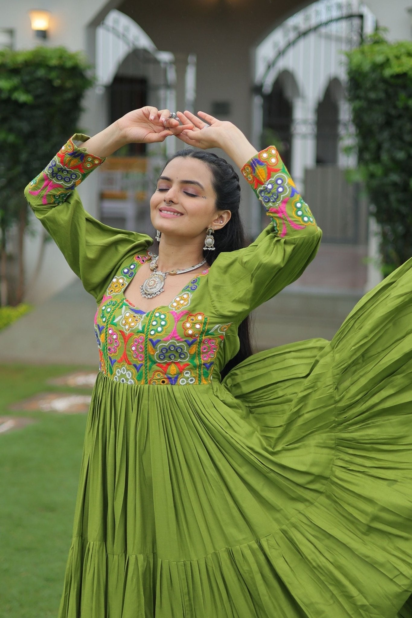 Green Flared Gota Embroidered Gown with Multicolor Mirror Yoke Design - Mangaldeep NX