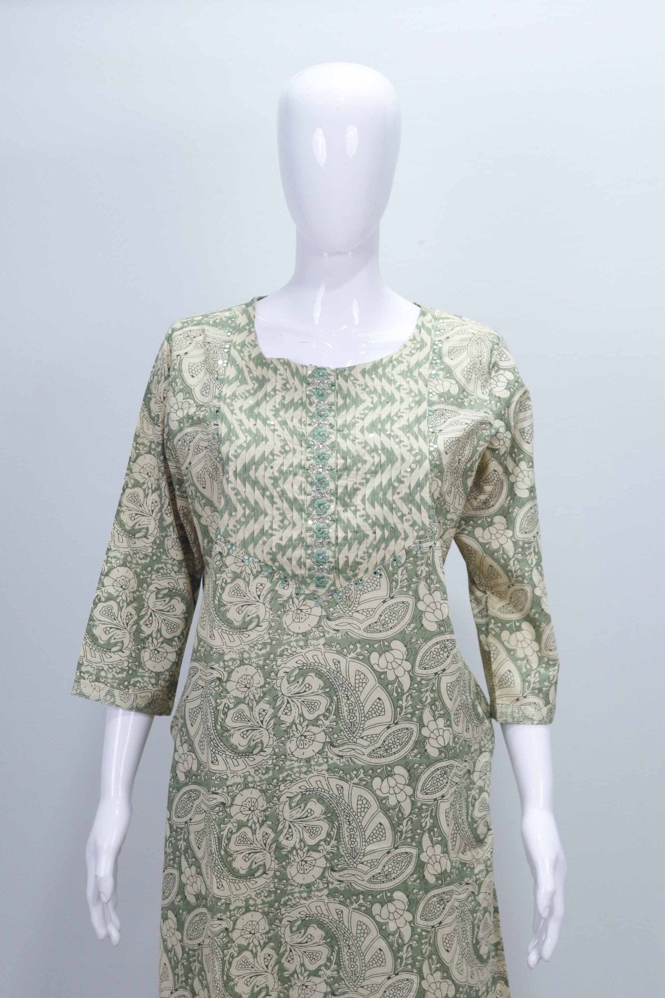 Green Printed Cotton Kurta Set with Chevron Pants and Dupatta for Women - Mangaldeep NX