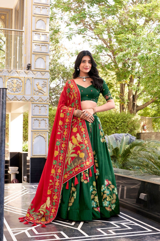 Green Tussar Silk Lehenga Choli with Digital Print and Embroidery for Ceremonies - Mangaldeep NX