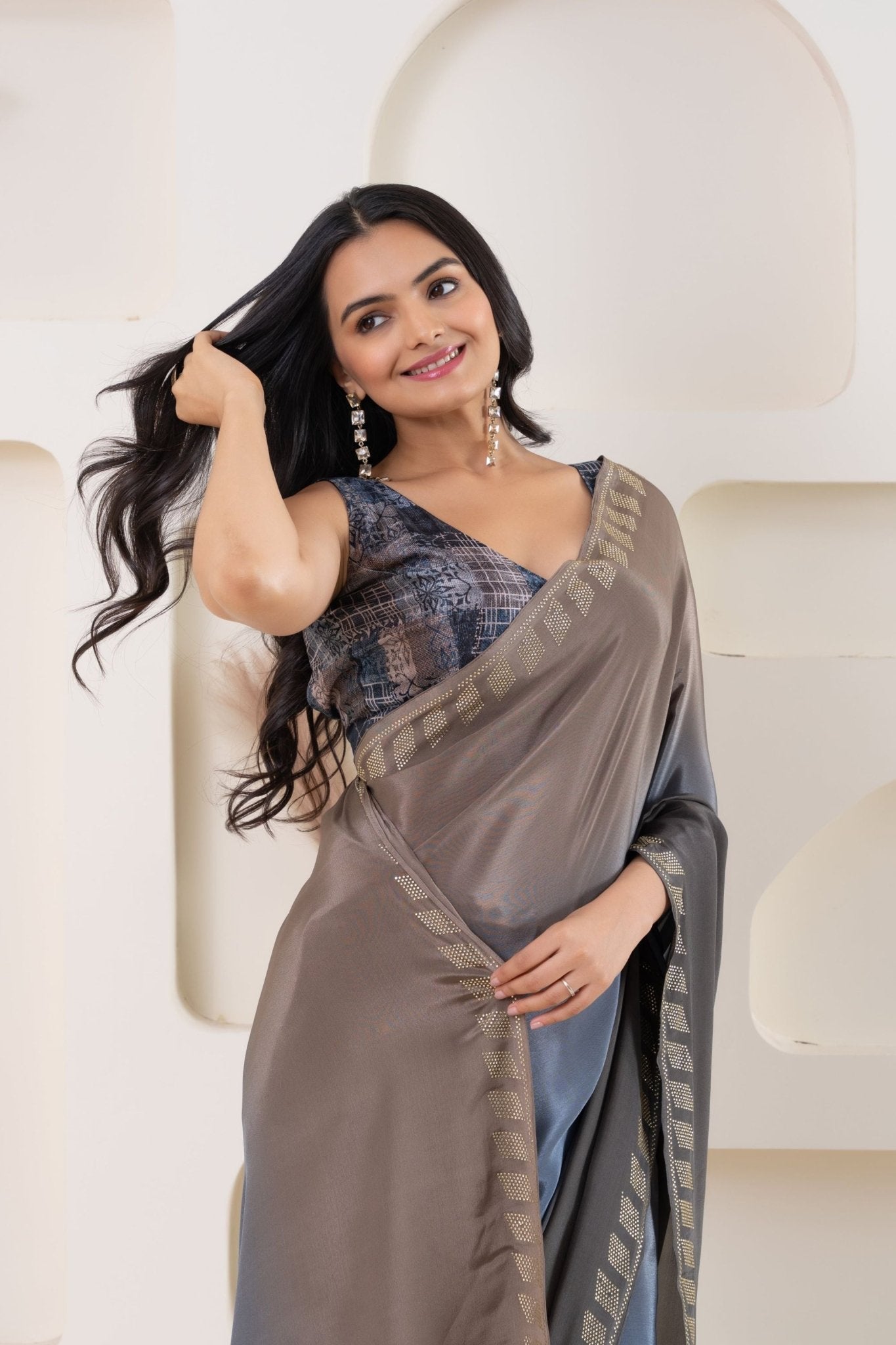 Grey and Blue Satin Silk Saree with Gold Woven Border and Designer Blouse - Mangaldeep NX