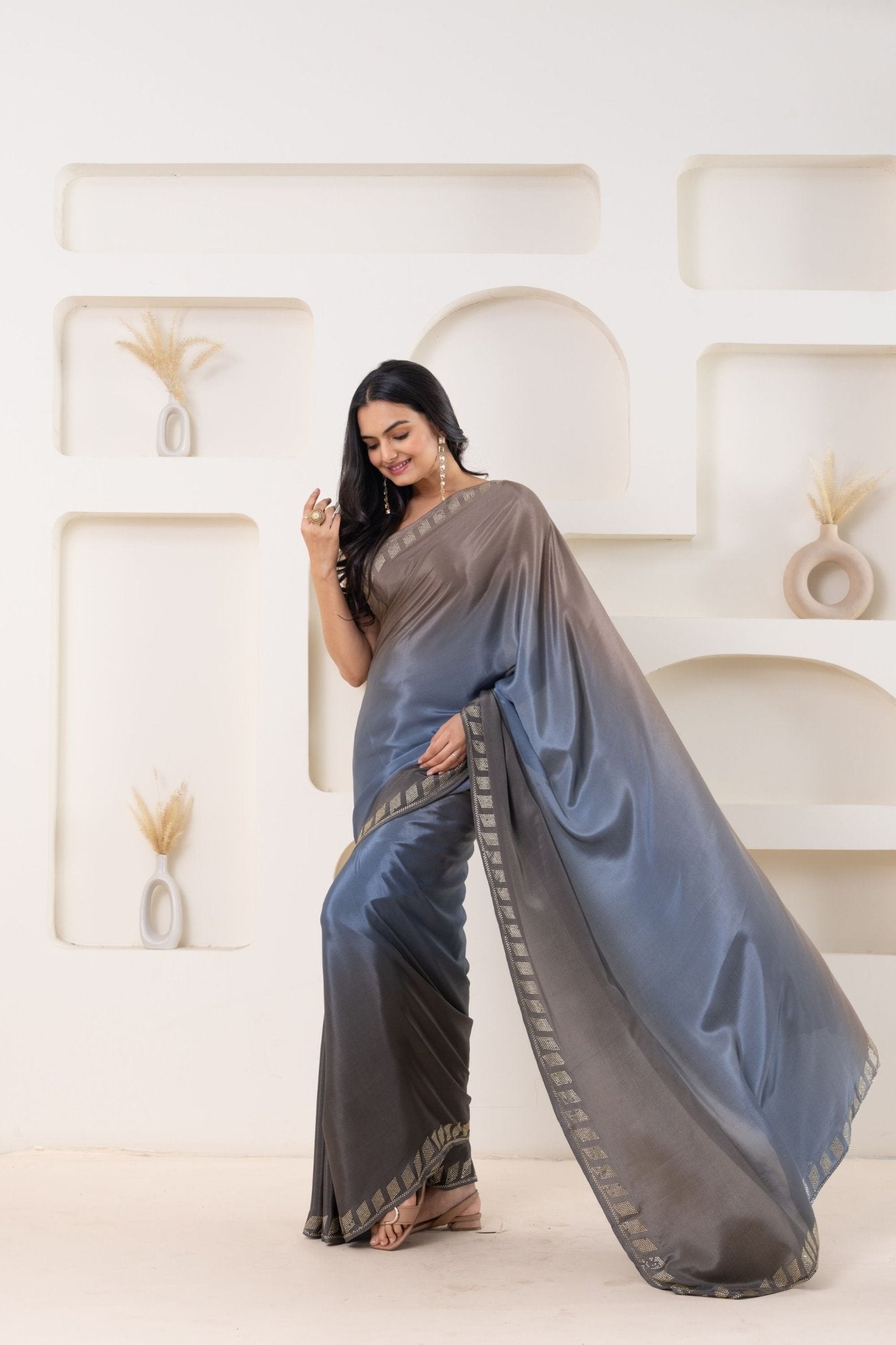 Grey and Blue Satin Silk Saree with Gold Woven Border and Designer Blouse - Mangaldeep NX