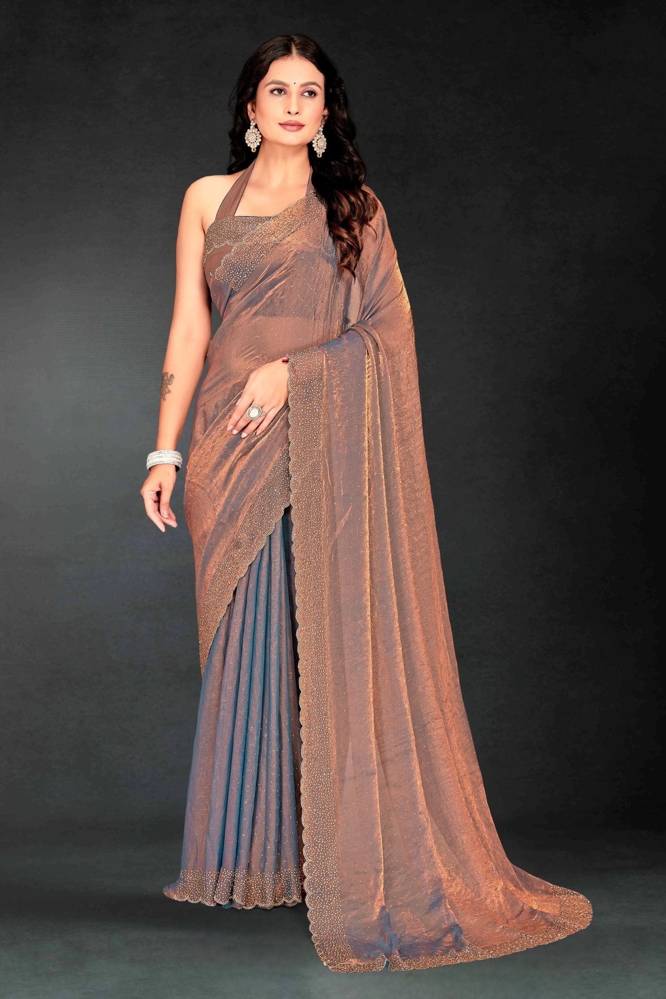 Grey Sequin Embellished Party Wear Fandy Silk Saree with Golden Scallop Border - Mangaldeep NX