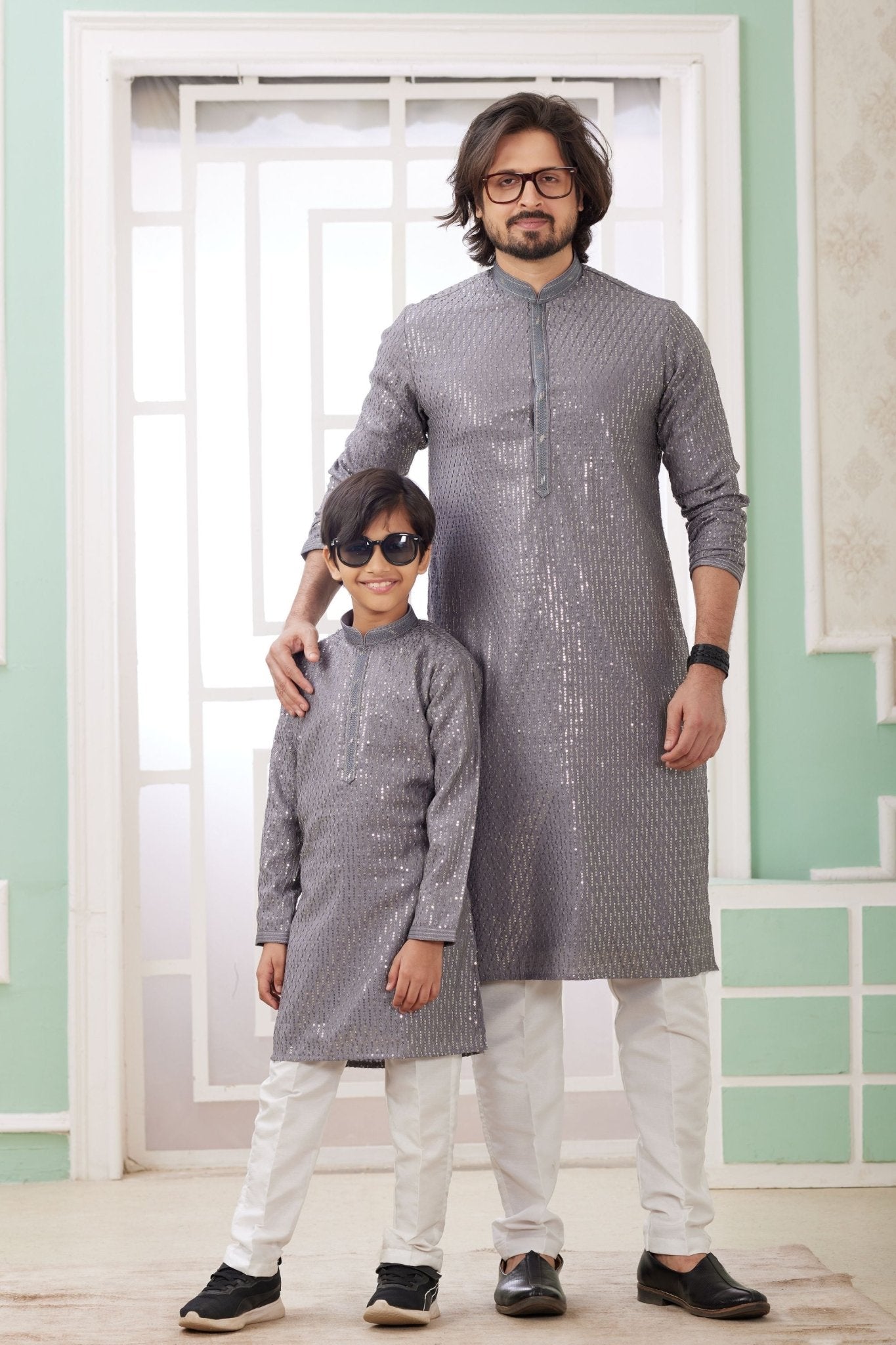 Grey Sequin Festive Wear Kurta Set for Father and Son - Mangaldeep NX