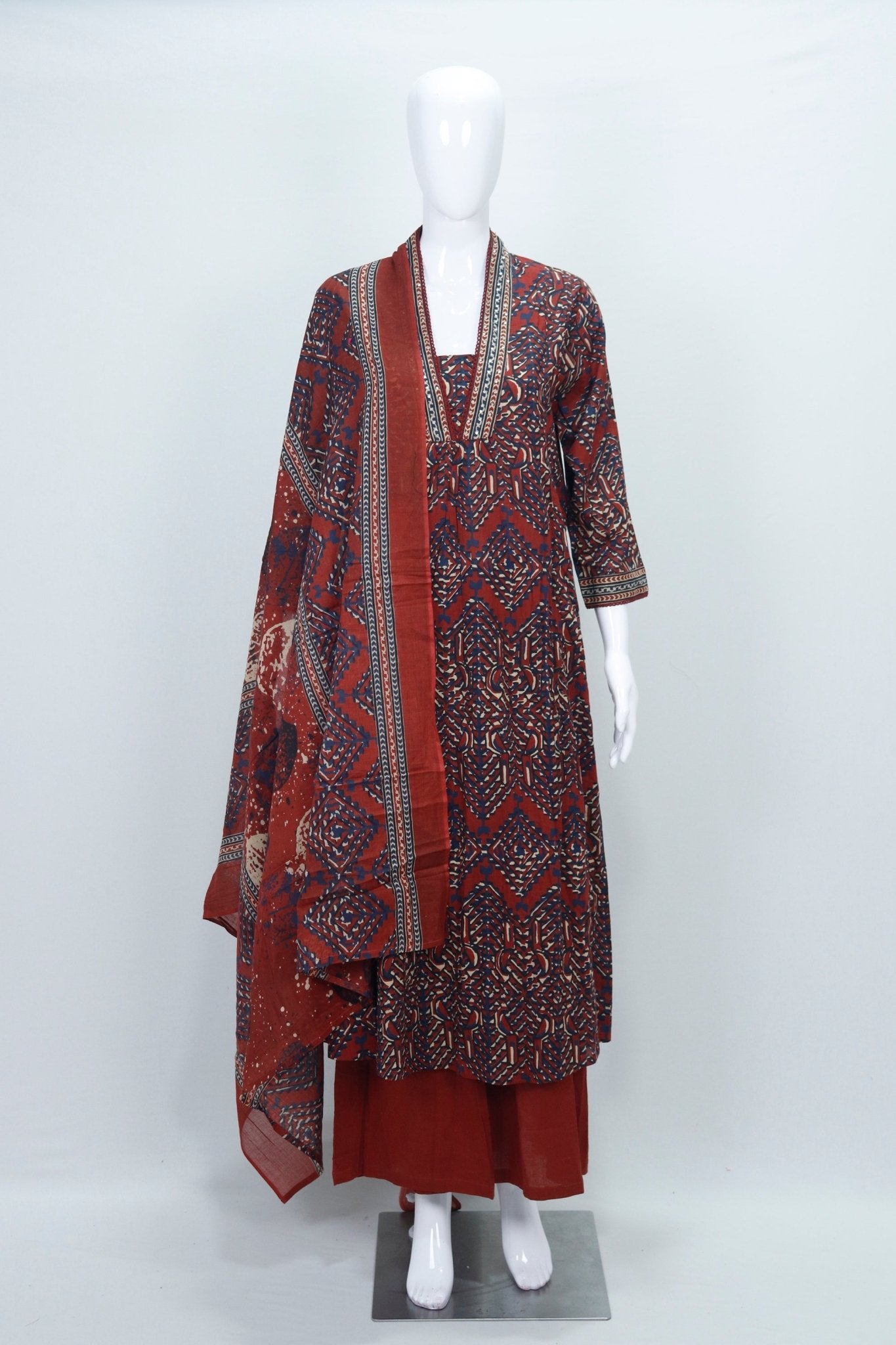 Handcrafted Maroon Ajrakh Print Cotton Suit Set with Dupatta - Mangaldeep NX