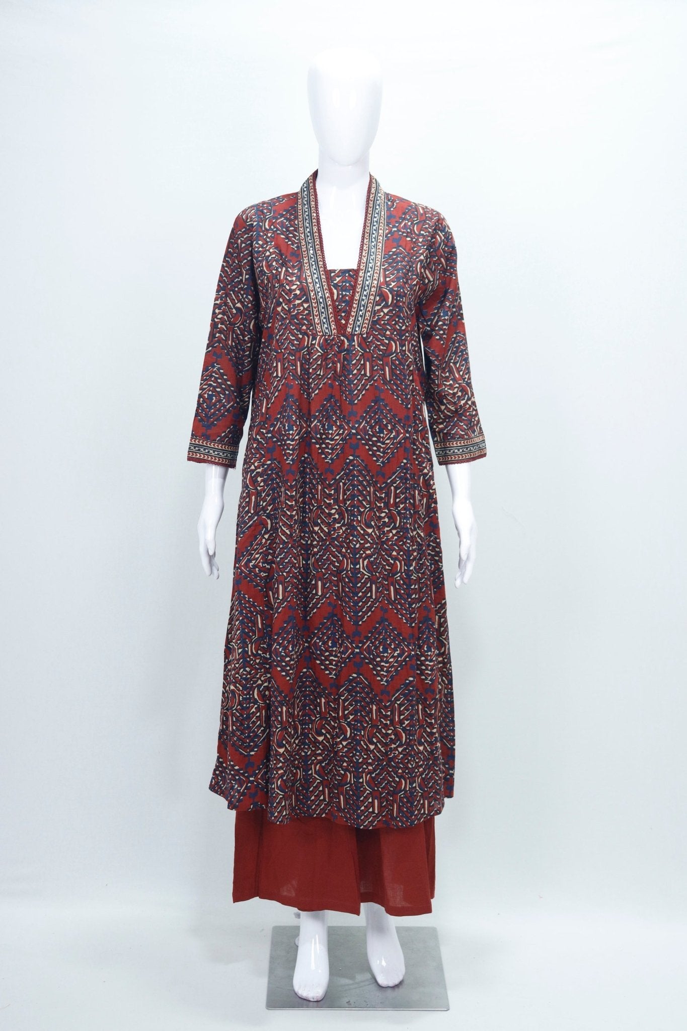 Handcrafted Maroon Ajrakh Print Cotton Suit Set with Dupatta - Mangaldeep NX