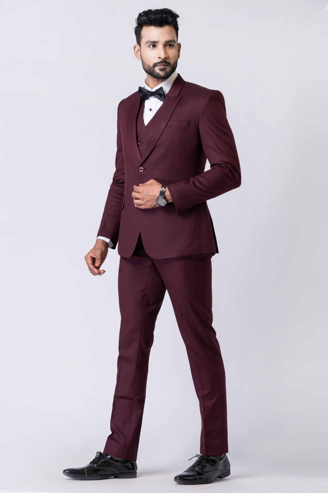 Handsome Party Wear Tuxedo Suit in Wine for Men - Mangaldeep NX