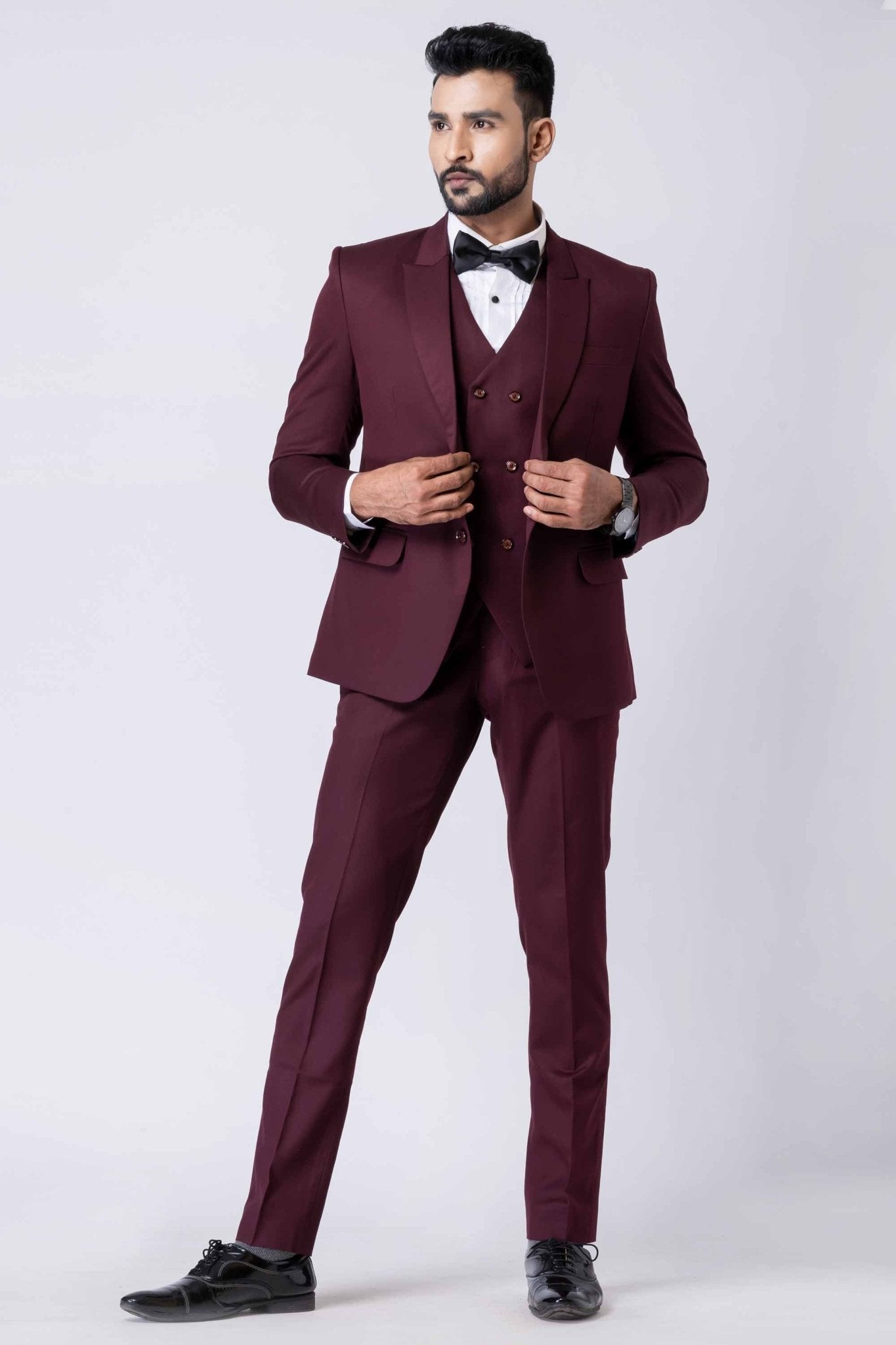 Handsome Party Wear Tuxedo Suit in Wine for Men - Mangaldeep NX