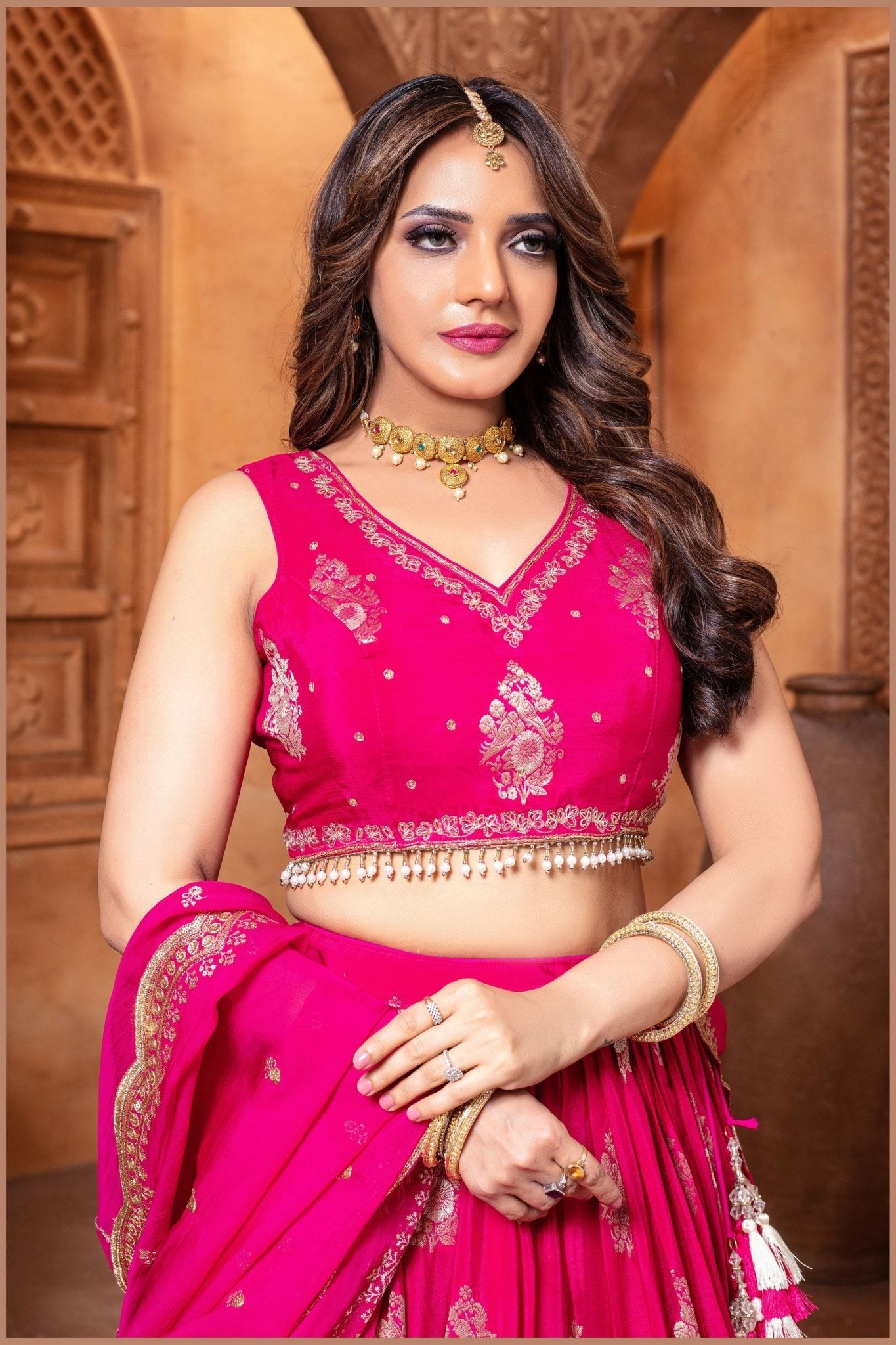 Hot Pink Embroidered Silk Lehenga Choli Set with Zari and Mirror Work Dupatta - Mangaldeep NX