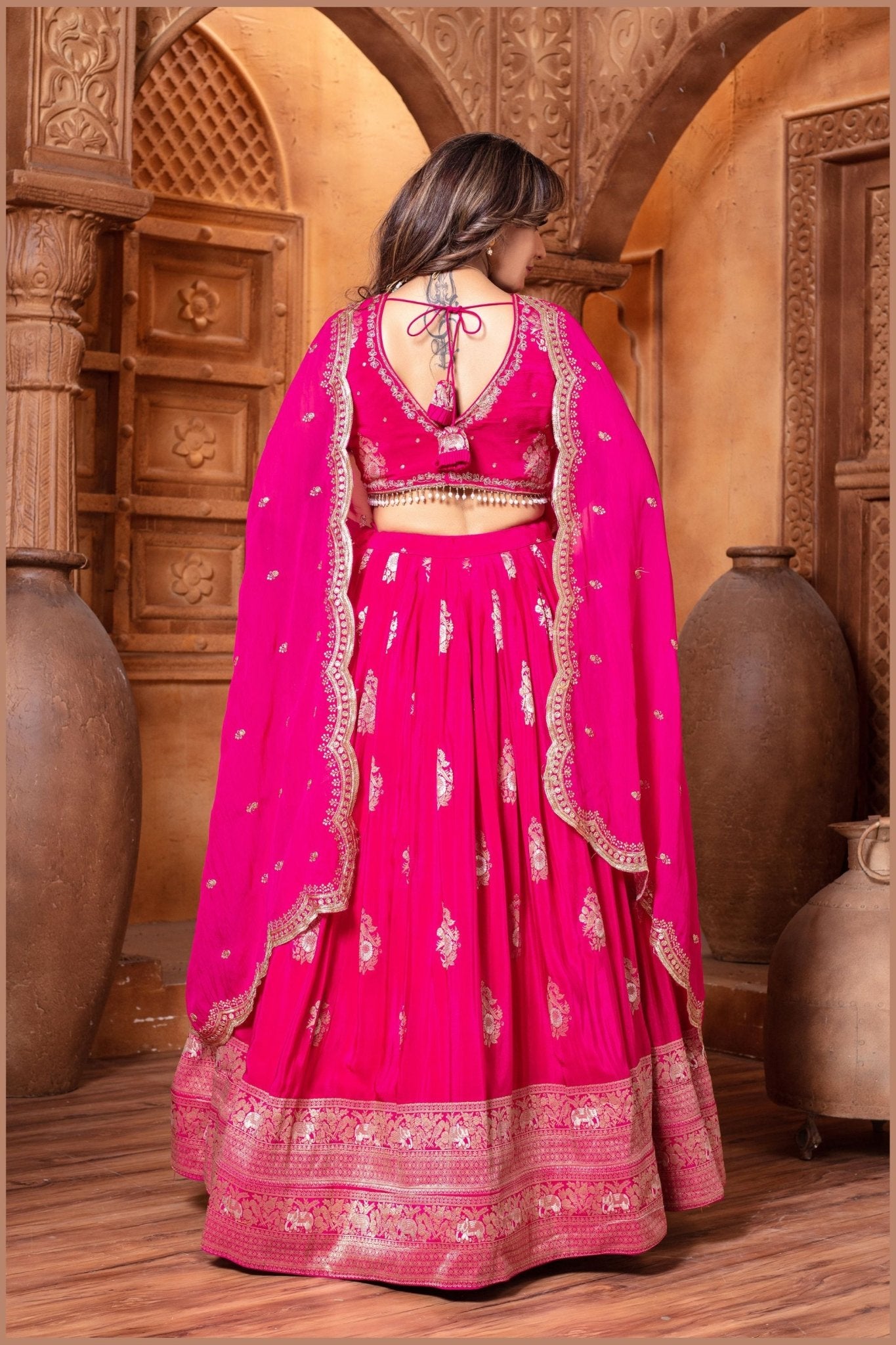 Hot Pink Embroidered Silk Lehenga Choli Set with Zari and Mirror Work Dupatta - Mangaldeep NX