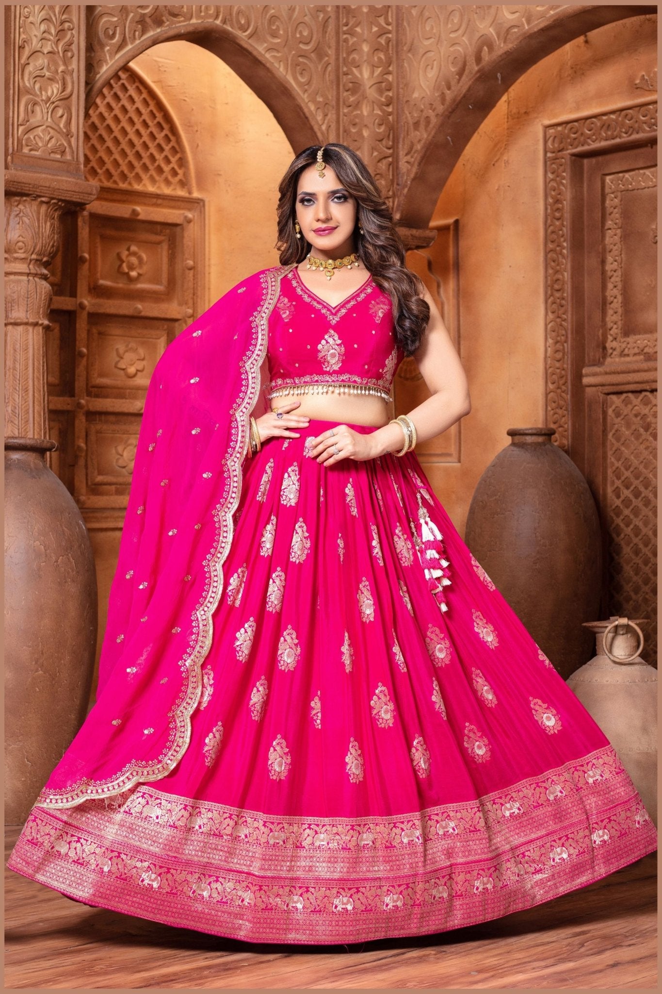 Hot Pink Embroidered Silk Lehenga Choli Set with Zari and Mirror Work Dupatta - Mangaldeep NX