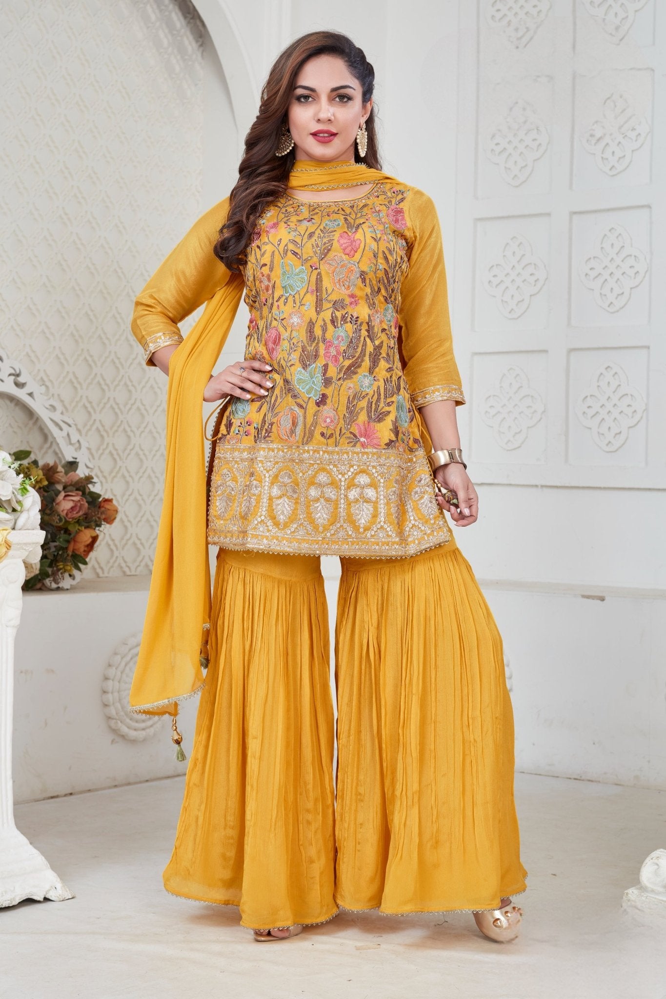 Imperial Mustard Embroidered Palazzo Suit for Women - Mangaldeep NX