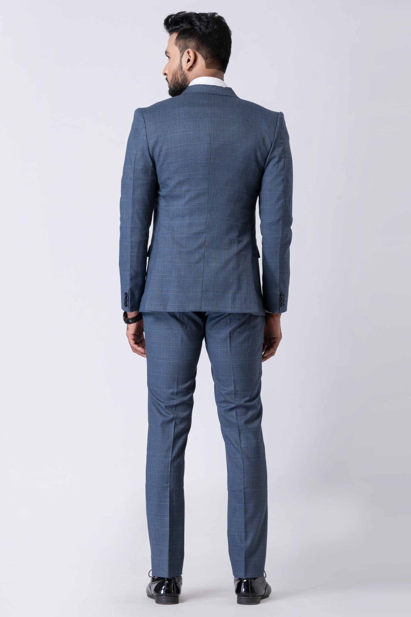 Impressive Men's Blue Checked 3 - Piece Tuxedo Suit with Bow Tie - Mangaldeep NX